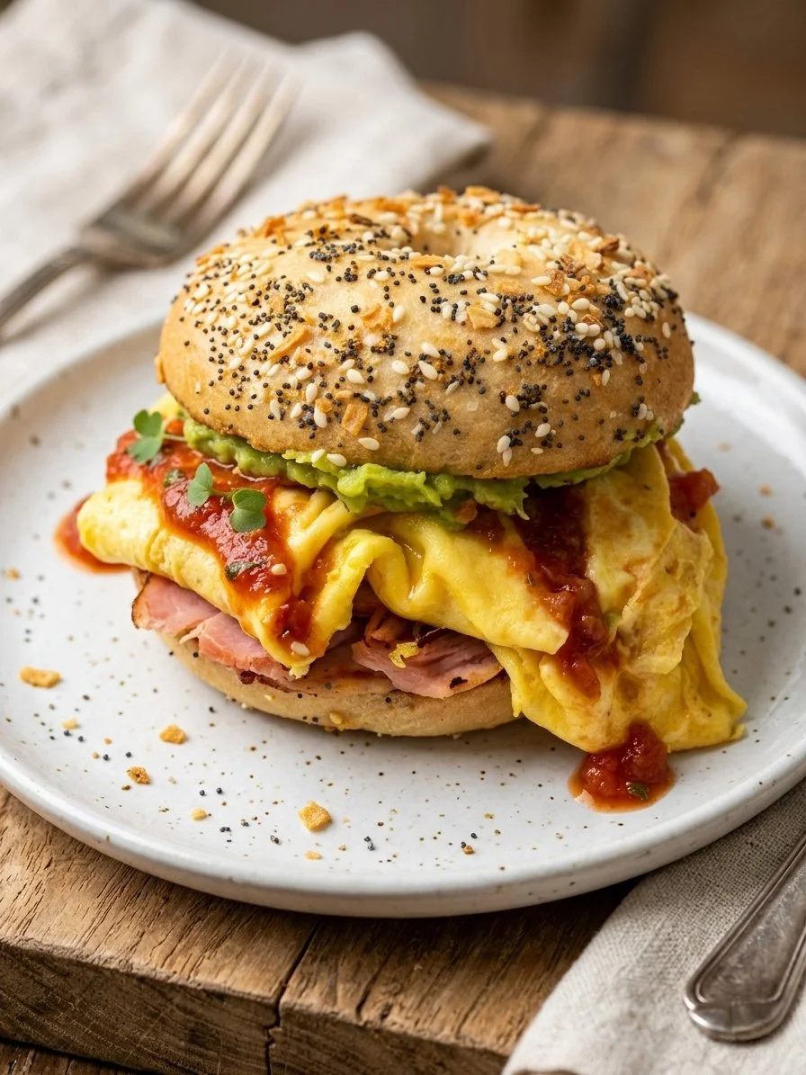 Close-up of a breakfast sandwich on a white plate, including scrambled eggs, ham, cheese, avocado, tomato, and a multigrain bagel with seeds.