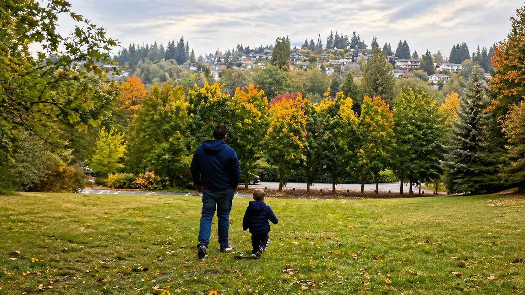A man and a child walk in a park during fall, with colorful trees and houses on a hillside in the background.