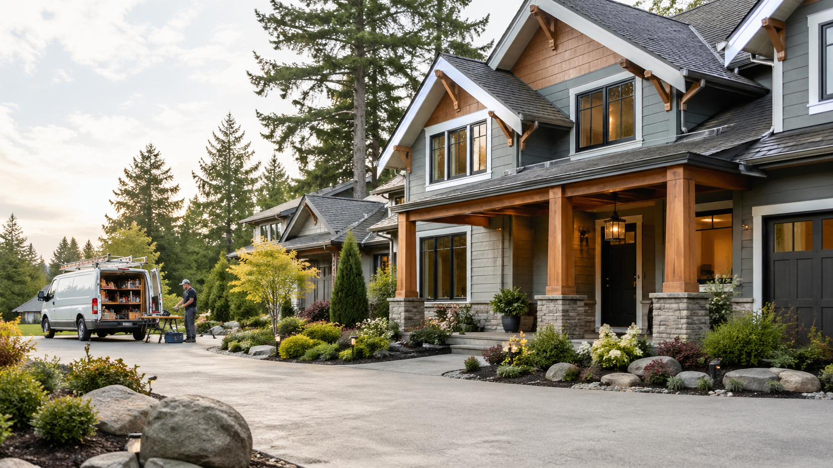 A modern suburban house with a front porch surrounded by plants and rocks, with a man organizing tools near an open service van parked nearby, and tall trees in the background.
