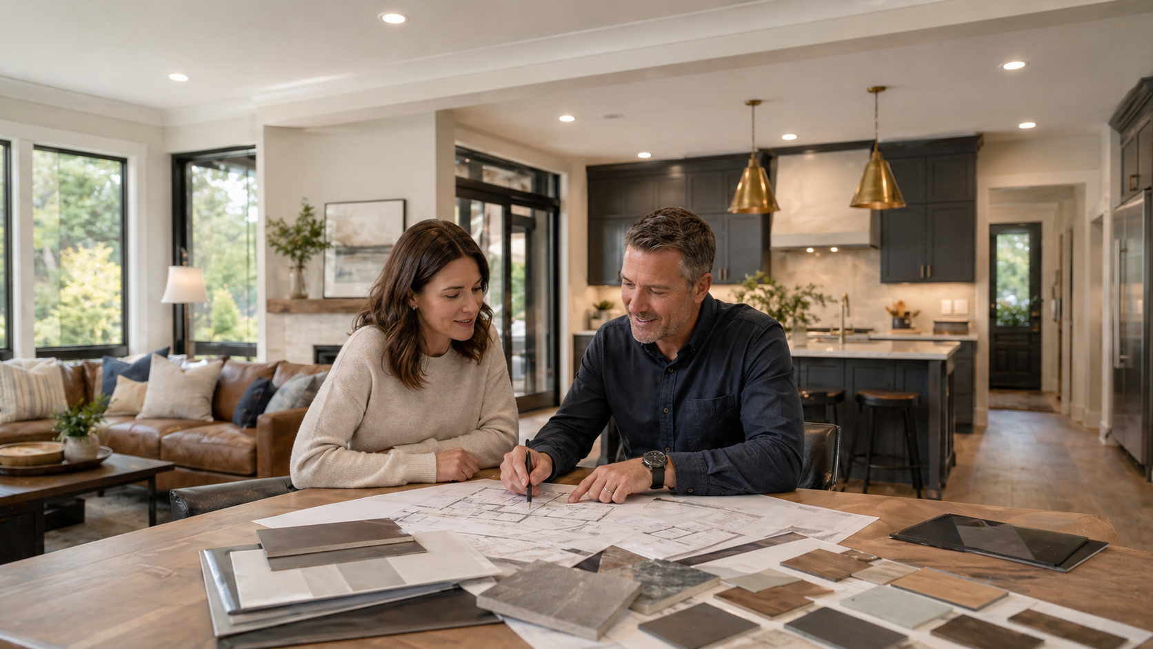 A man and woman sitting at a kitchen table, reviewing house plans and samples in a modern, well-lit kitchen.