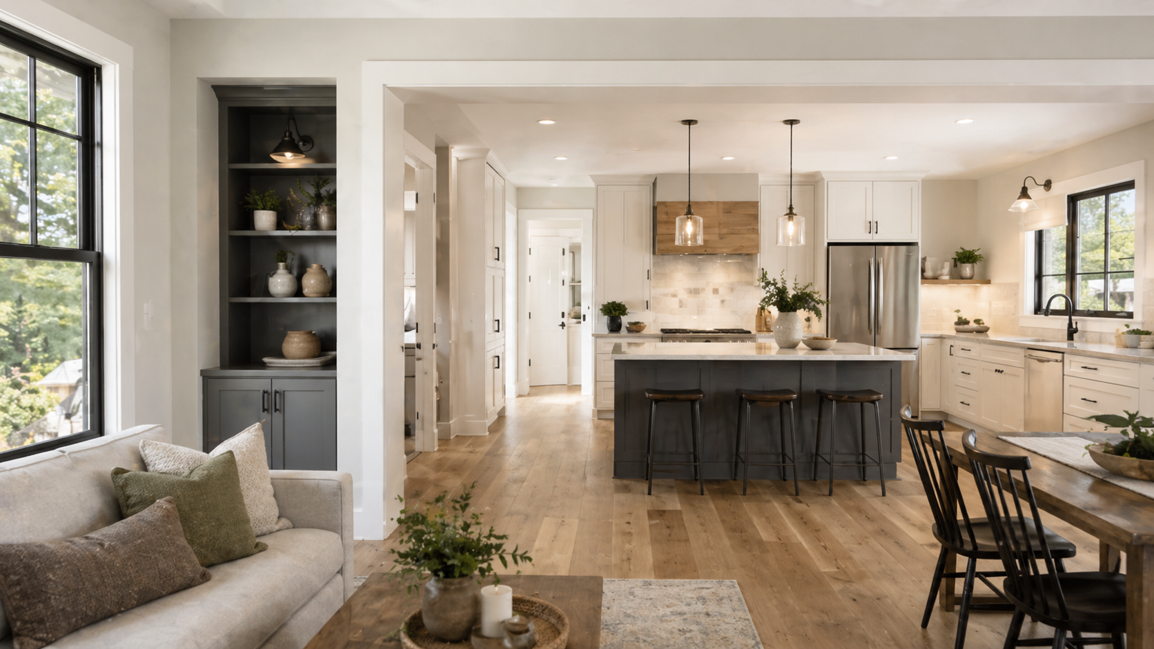 Open-concept kitchen and living room with large windows, white cabinetry, a gray island with stools, wooden tables and chairs, and decorative plants.