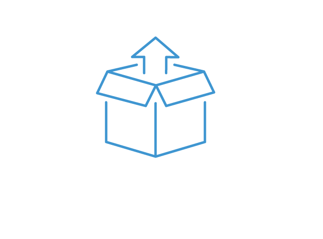 Line drawing of an open box with an arrow pointing upward from inside the box.