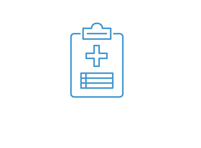 Outline of a medical clipboard with a cross and checklist in the center.