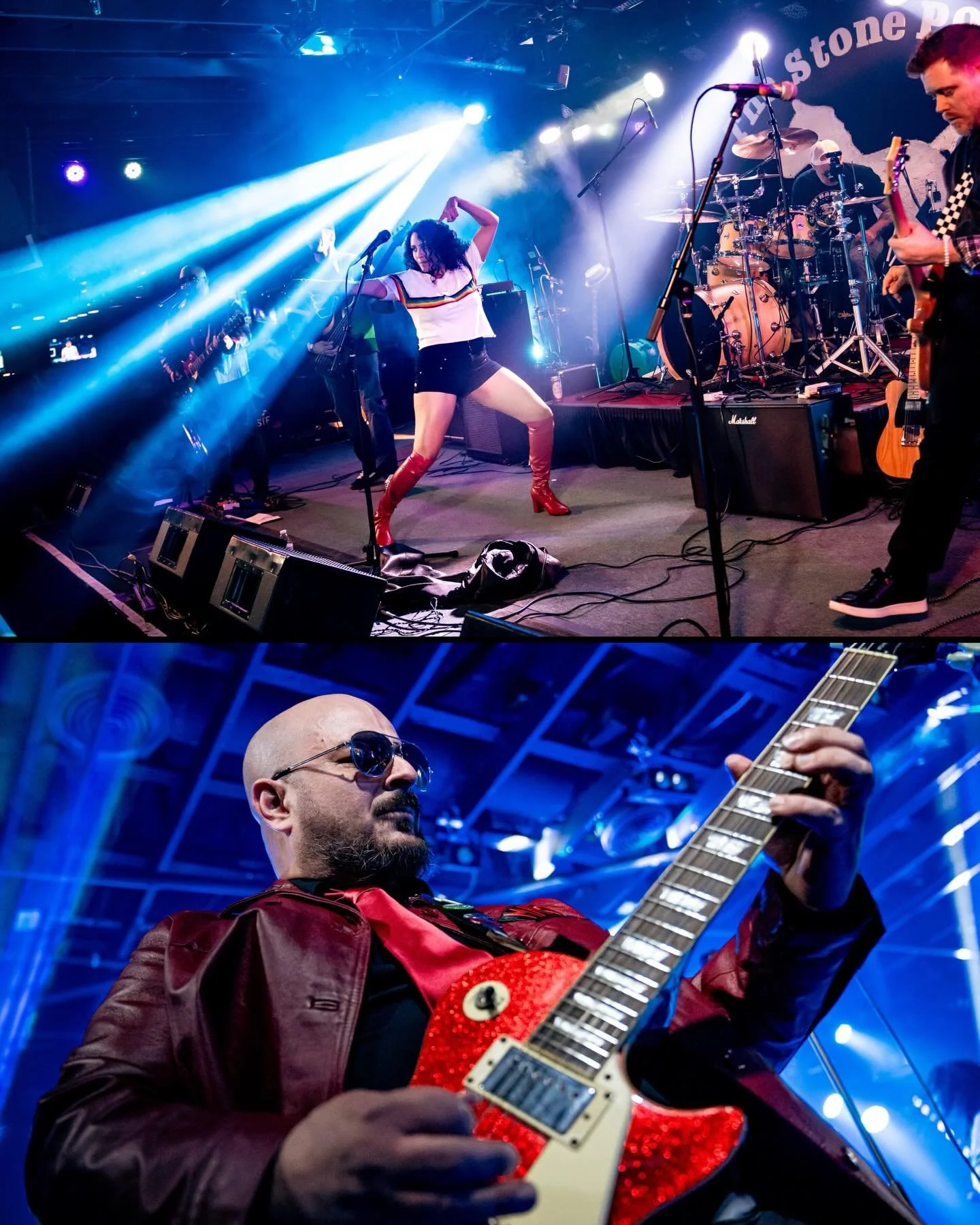 A live music performance with a female singer striking a pose at the center of the stage, surrounded by band members playing guitars, drums, and other instruments, under colorful stage lights.