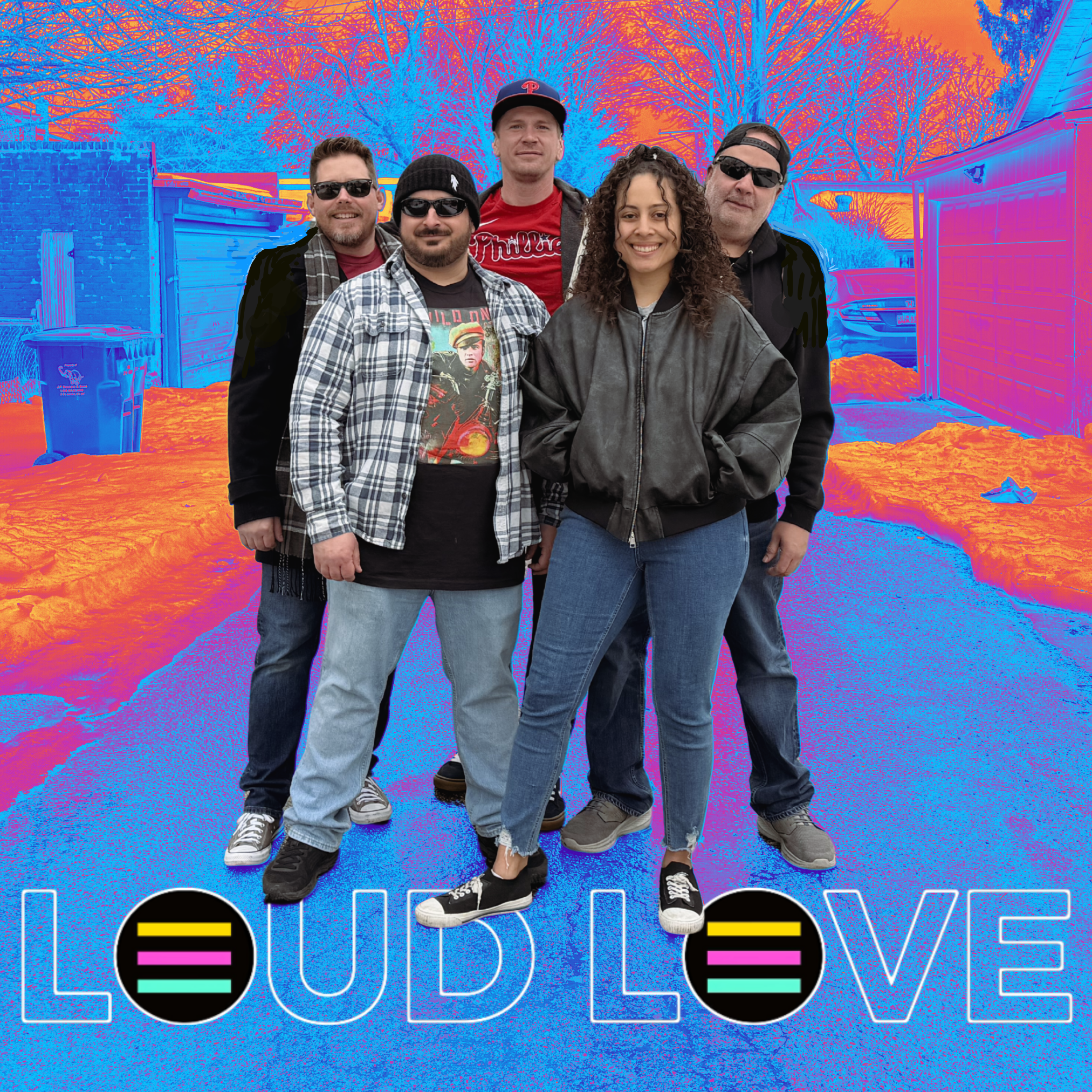 A group of five young adults standing outdoors on a colorful, digitally altered background with blue and orange hues, trees, and buildings. They are dressed casually, wearing sunglasses, hoodies, and jackets, and are smiling at the camera.