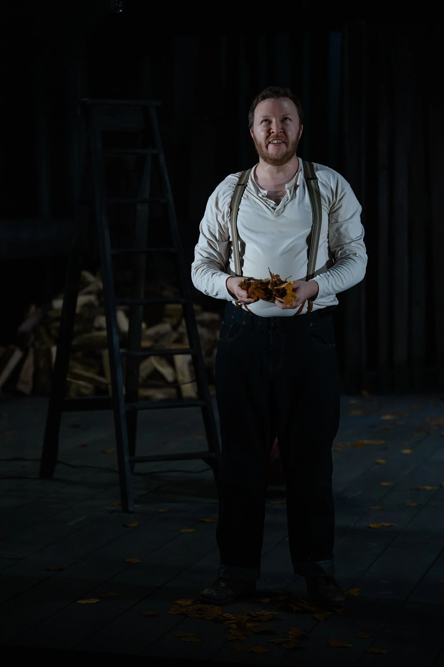 A man with dark hair and a beard, wearing a cream-colored shirt with suspenders, holding autumn leaves, standing outdoors at night with a dark background, a wooden ladder, and fallen leaves on the ground.