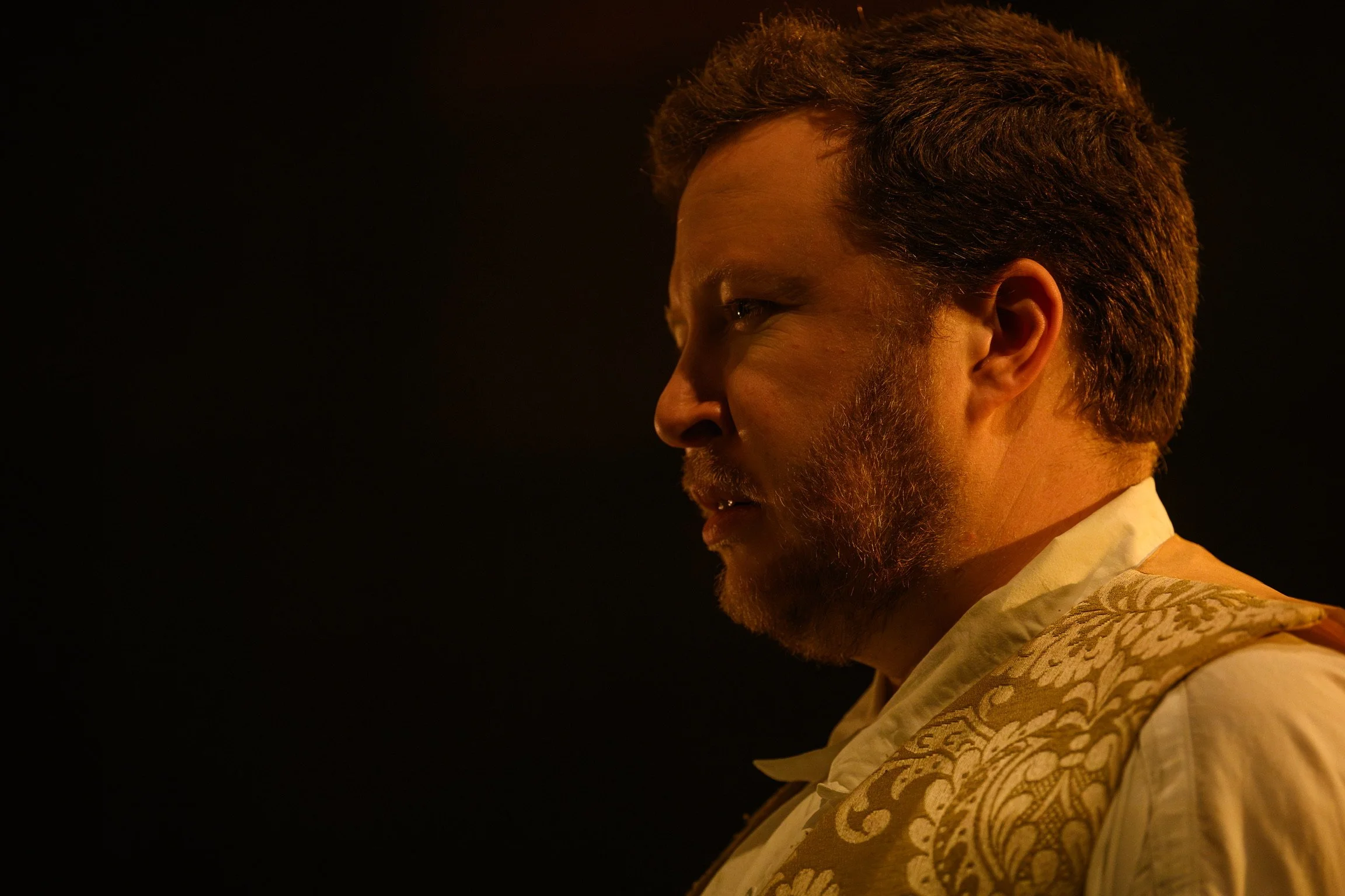 Profile of a man with red hair and beard, wearing a patterned gold and white suit, against a dark background.