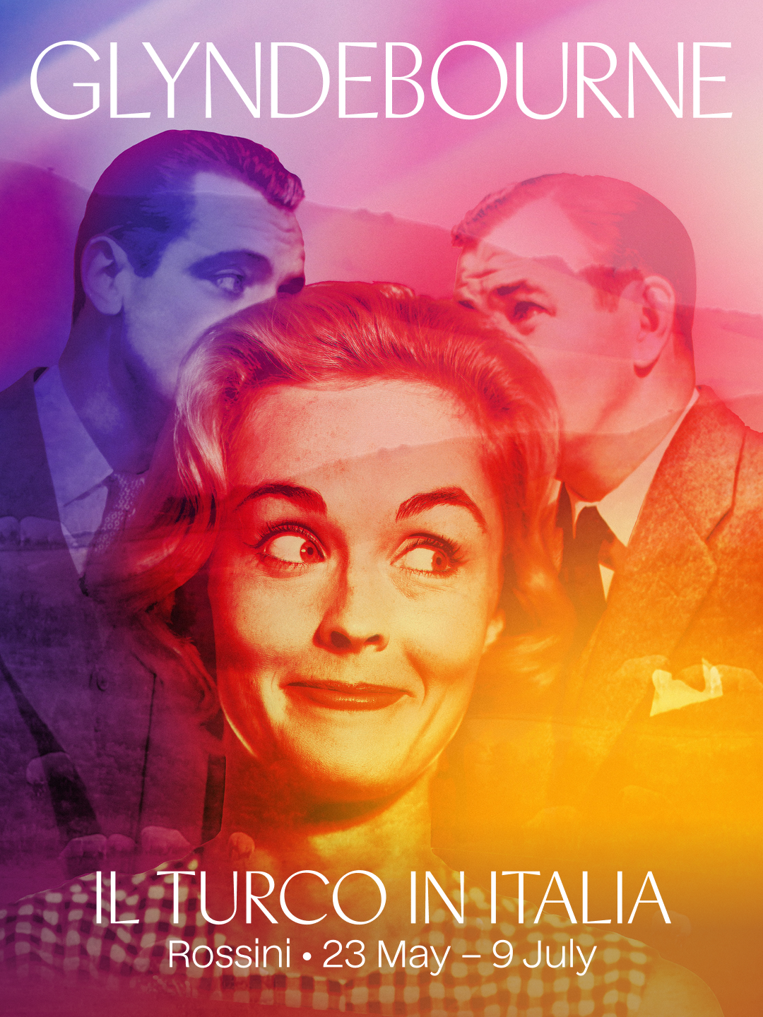 A poster for the Glyndebourne exhibition titled "Il Turco in Italia" at Rossini from May 23 to July 9. The poster features a collage of vintage black-and-white photos of a man and a woman with a colorful overlay.