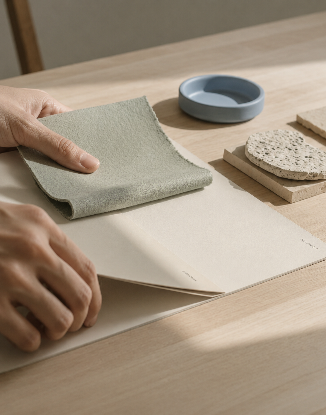 Person holding a sample swatch of textured light green material over an open notebook on a wooden table, with ceramic dishes and stone tiles nearby.