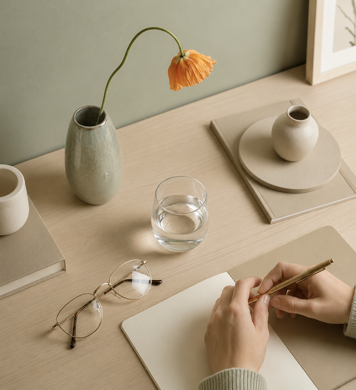 A desk with a person writing in a notebook, glasses, a glass of water, and decorative vases, one with a flower, on a light wooden surface.