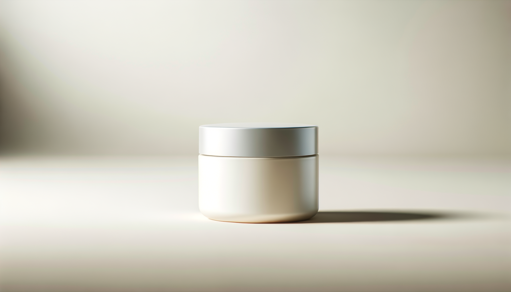 A minimalistic white cosmetic jar with a silver lid placed on a white surface with soft light and a neutral background.
