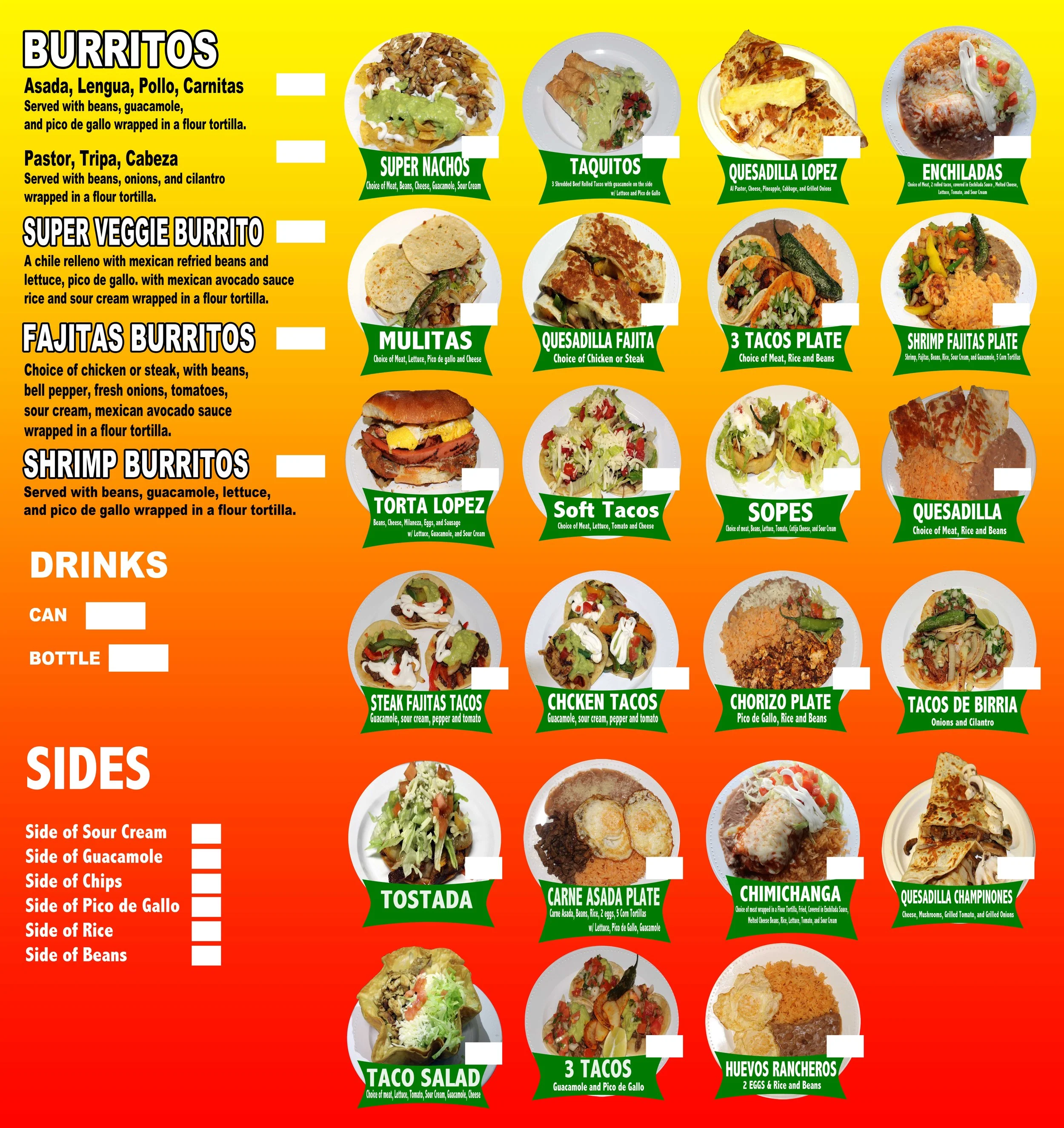 A colorful menu with options for Mexican dishes including burritos, fajitas, tacos, and sides, each accompanied by photos and descriptions.