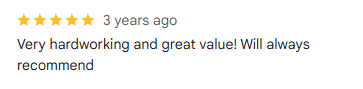 A customer review with a 5-star rating, praising hard work and value.