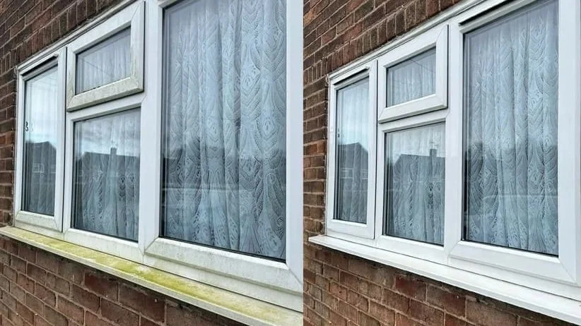 Comparison of two windows on a brick wall, showing before and after cleaning. The left window is dirty with moss and grime, while the right window is clean and bright.