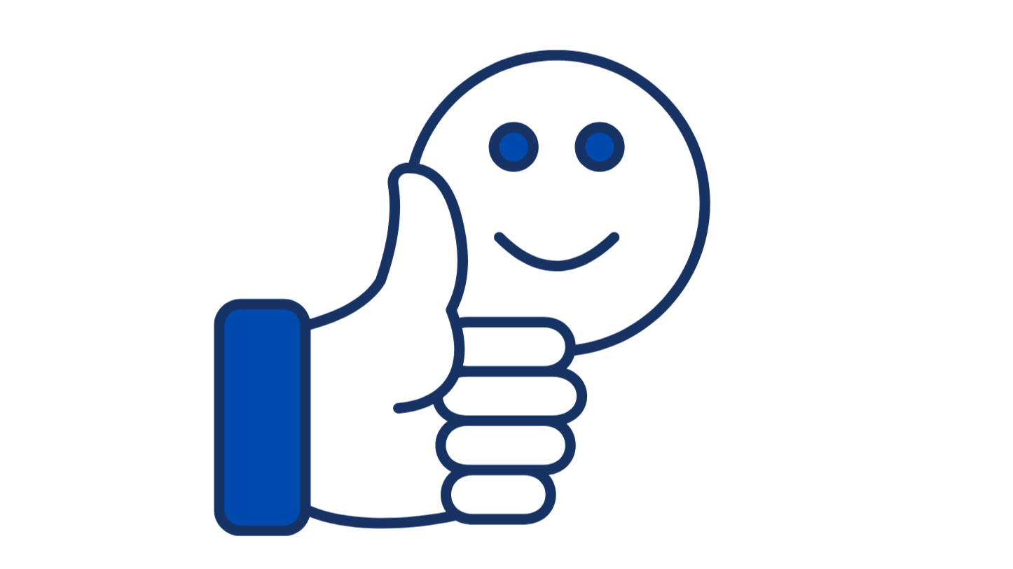 Thumbs up and smiling emoji face with a hand near the cheek, in white outline with blue accents.