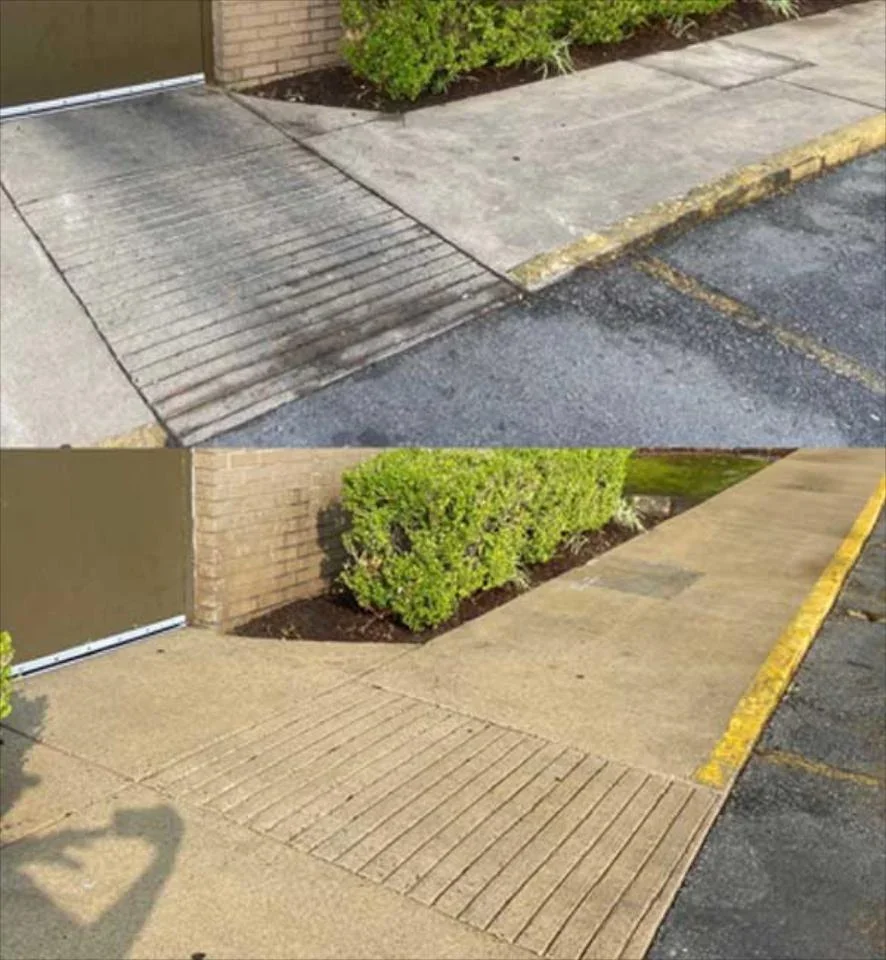 Comparison of two sidewalk curb cuts showing an improvement from a old, worn concrete ramp to a new, smooth concrete ramp with better accessibility.