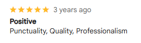 Customer review showing a 3-star rating, labeled 'Positive,' praising punctuality, quality, and professionalism.