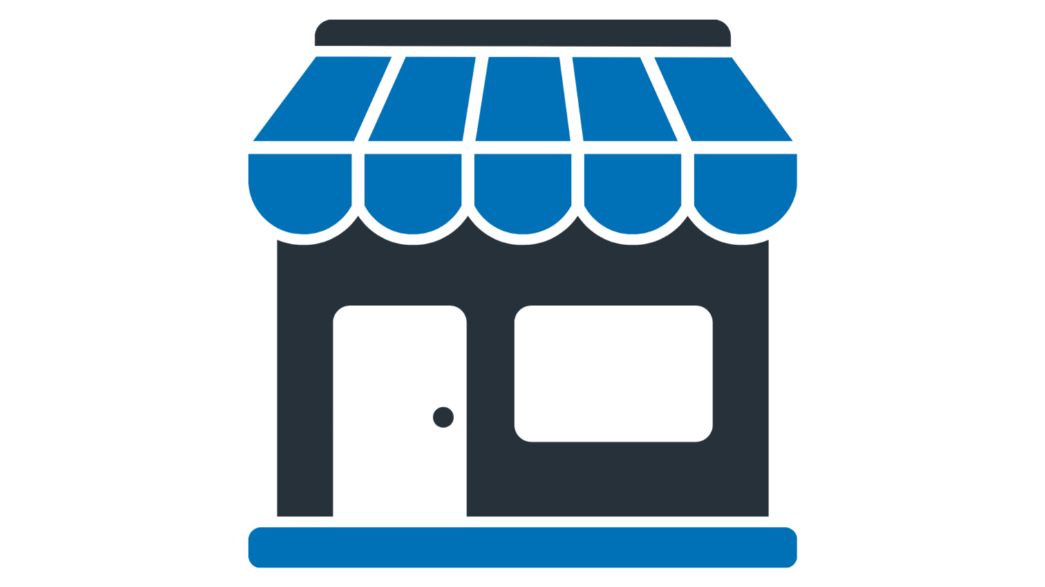 Icon of a small storefront with a blue awning, a door, and a window.