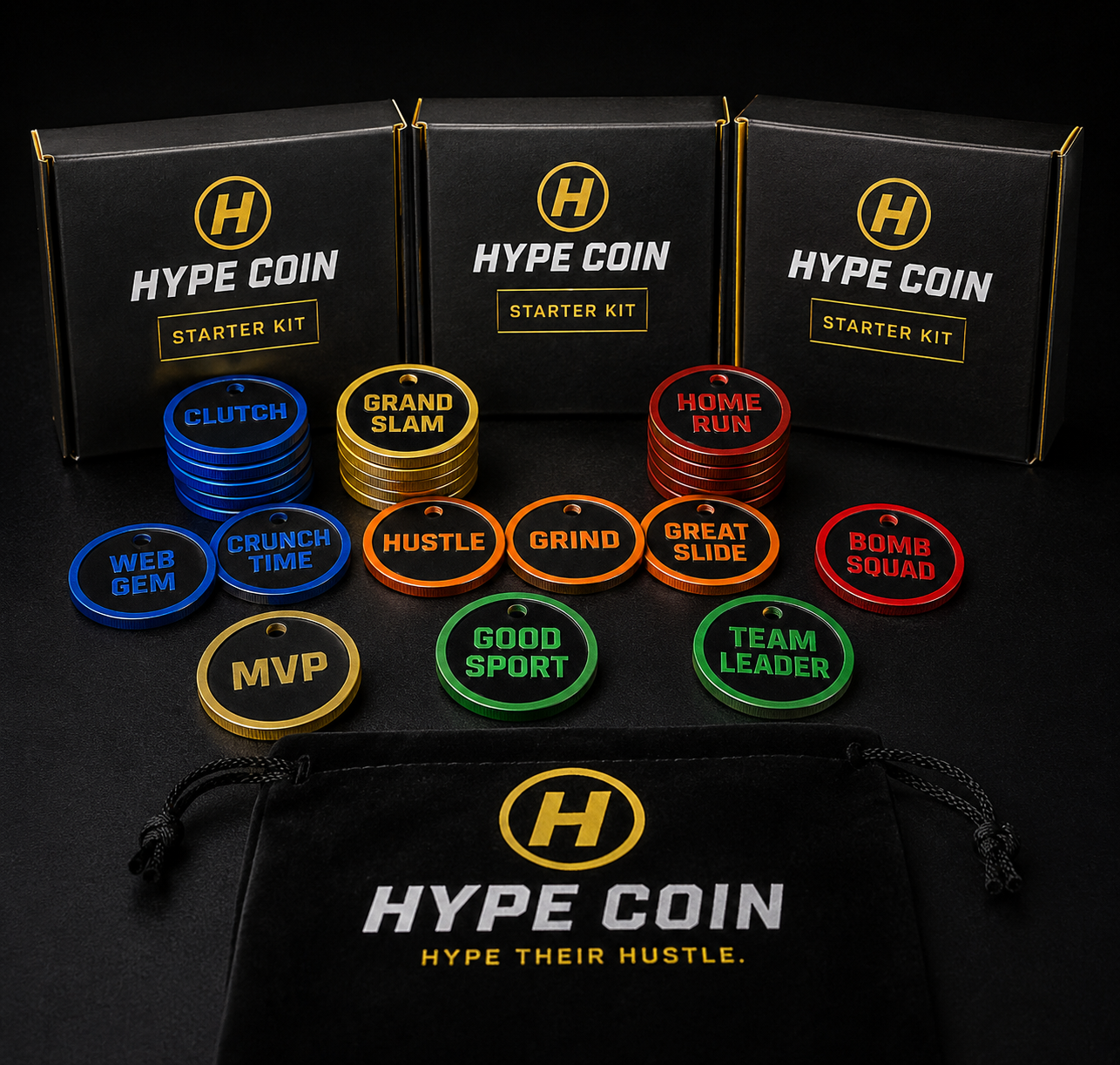 Reward hustle, leadership, sportsmanship, and big moments with Hype Coins collectible achievement tokens for youth baseball and softball teams.