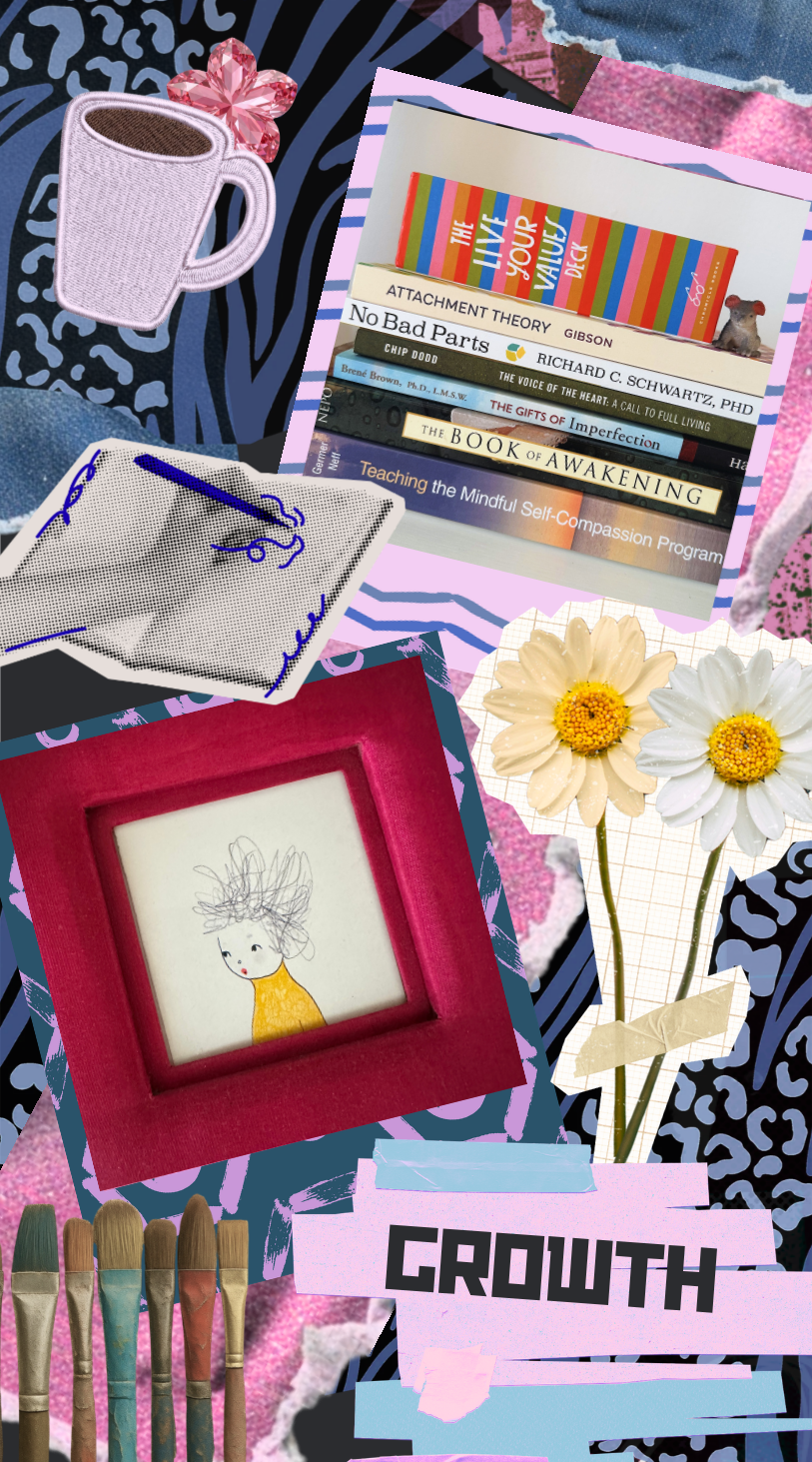 Collage of various objects including a pink frame with a child's drawing, a potted flower with daisies, a stack of books on psychology and self-help, a small framed illustration of a girl with curly hair, a paper bag with blue scribbles, a set of paint brushes, a knitted mug with a flower decoration, and a torn colorful patterned background.