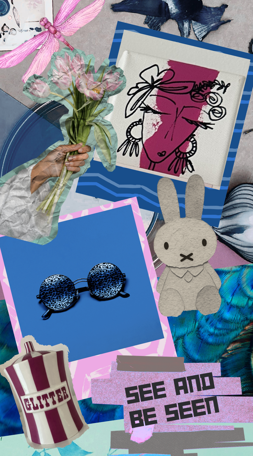 A collage of various items including a hand holding pink tulips, a line drawing of a woman with large earrings, a pair of leopard-print sunglasses, a paper bunny cutout, a striped popcorn container labeled 'Glitter,' a pink and purple cutout with the words 'See and be seen,' and decorative feather and butterfly elements.