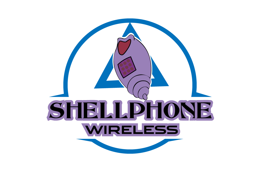 Logo for Shelphone Wireless featuring a purple shell with a heart and keypad, enclosed in a triangle with a circle. The text reads 'SHELLPHONE WIRELESS' in stylized purple letters.