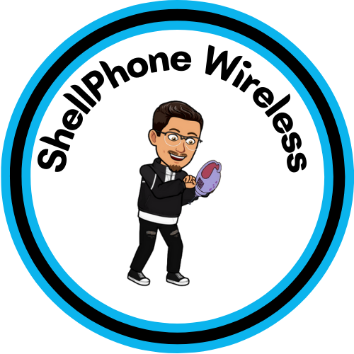 A cartoon avatar of a man holding a shell-shaped phone inside a circular logo with the text "ShellPhone Wireless".