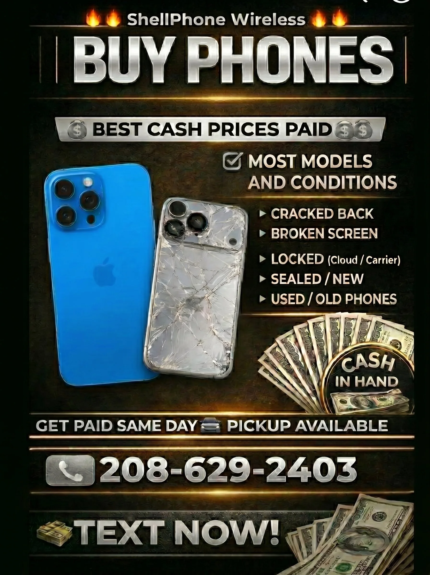 A sign advertising a phone repair and resale business. It features images of two smartphones, one with a cracked back and the other in good condition, and lists services such as paying cash for used phones, fixing cracked backs and broken screens, and buying phones locked or sealed. The sign indicates cash in hand, same-day payment and pickup, with a phone number and a call to action to text now, accompanied by images of cash and a gold bar.