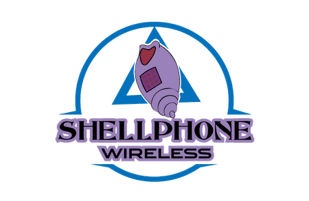 Logo for Shellphone Wireless featuring a cartoon-like shell with a heart-shaped opening, within a blue circle and triangle, with the company name below.