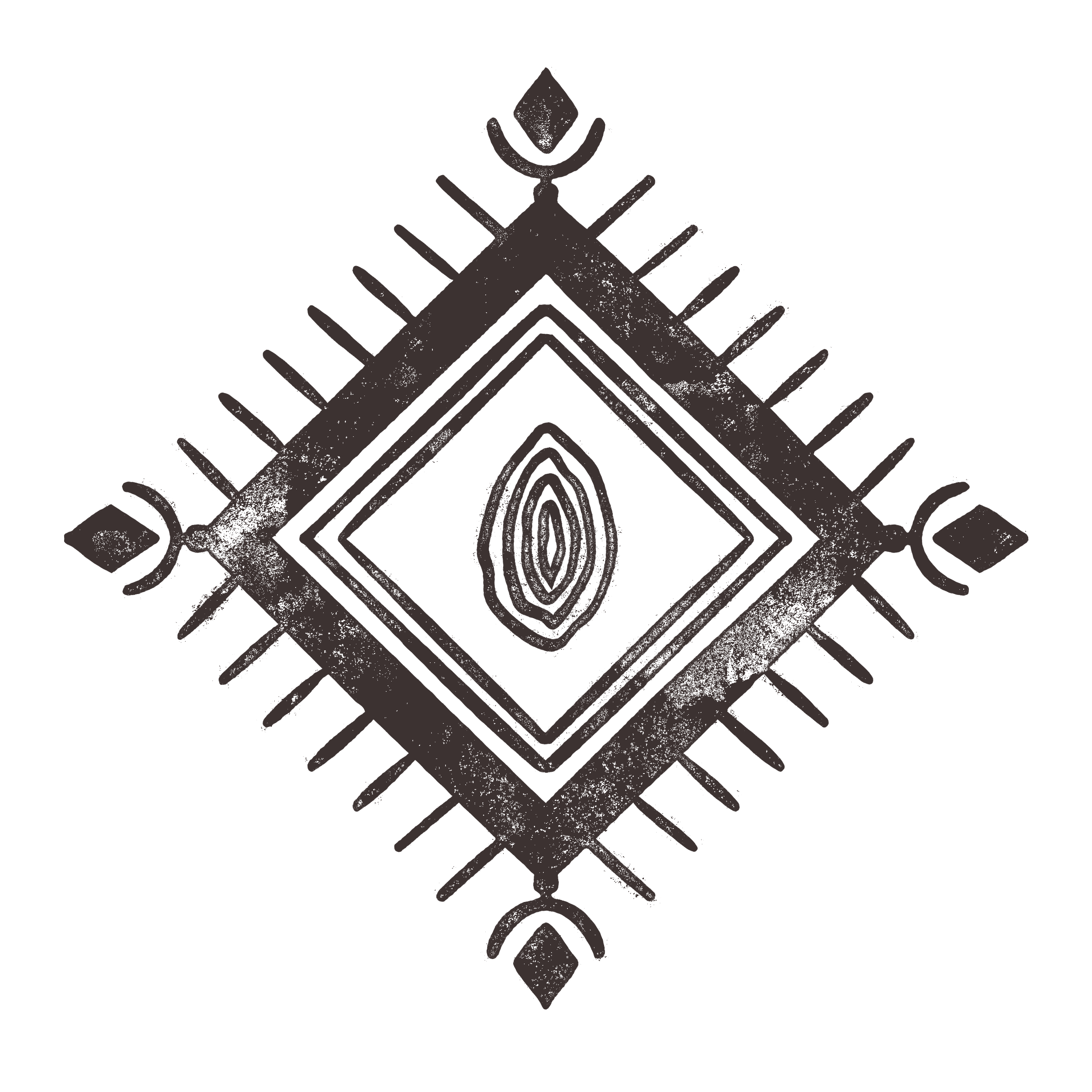 A black and white line drawing of a bird on a decorative geometric design, featuring symmetrical patterns and shapes.