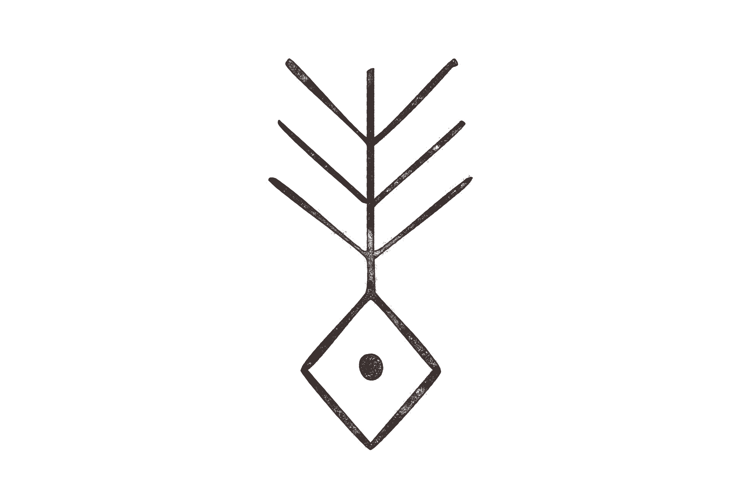 A black and white illustration of a stylized tree with a diamond-shaped base, a small circle in the center, and branches extending symmetrically from the trunk.