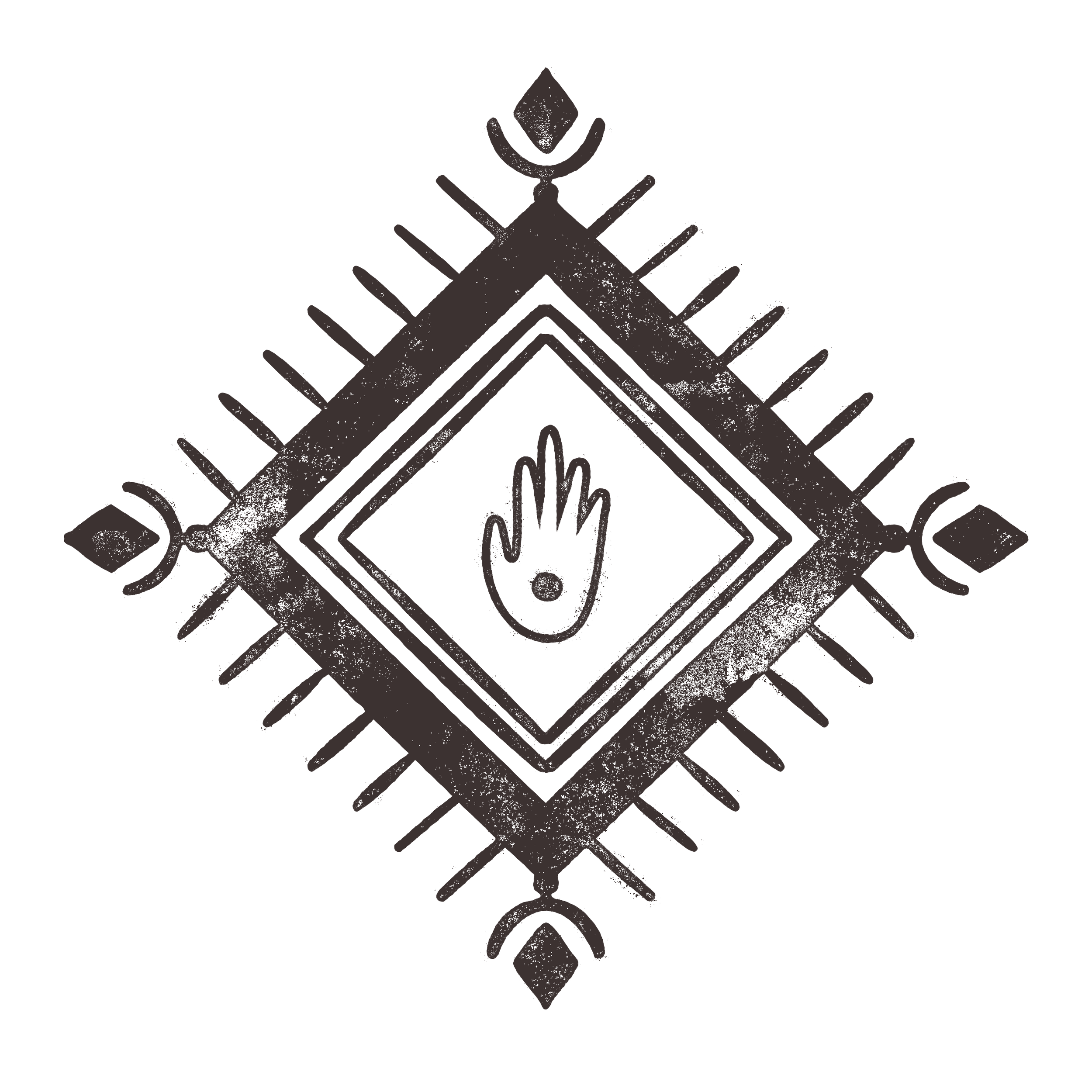 Black and white line drawing of a diamond-shaped emblem with geometric lines and a leaf or flame motif in the center.