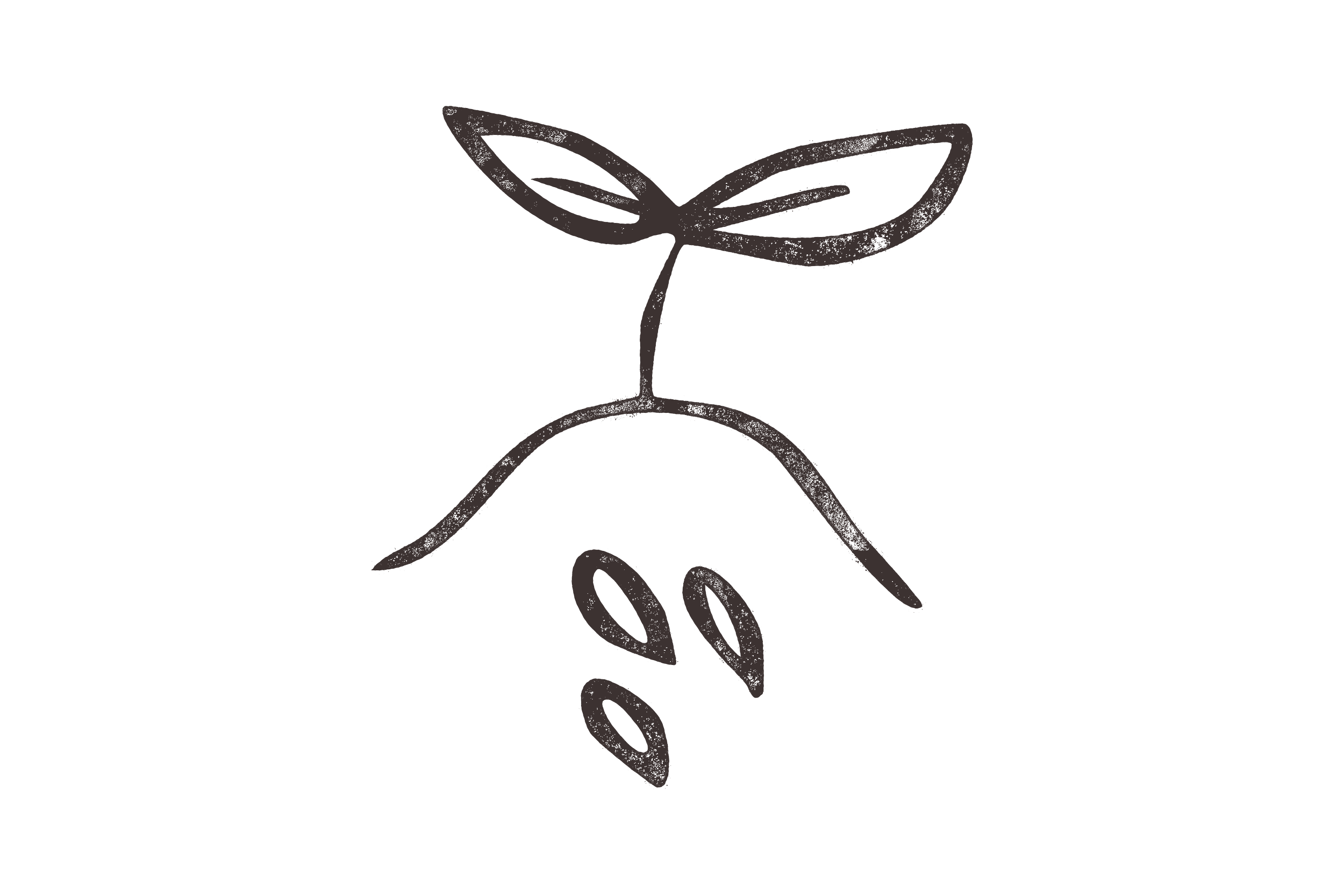 A white chalk drawing of a simple sketch of a mouse holding a sprouting plant with leaves and roots, on a black background.