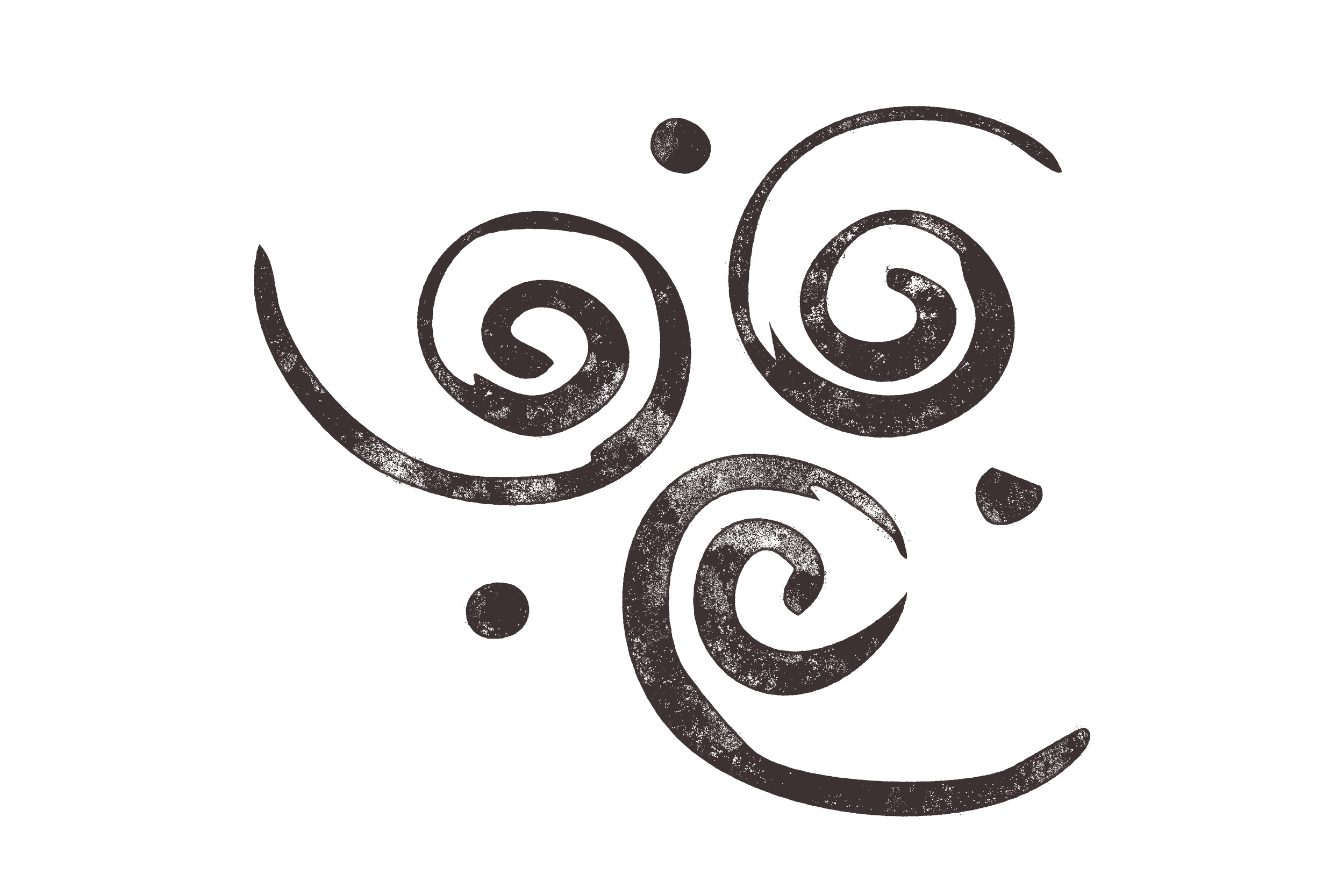 Decorative black background with swirling, distressed silver-gray spiral patterns and dots.
