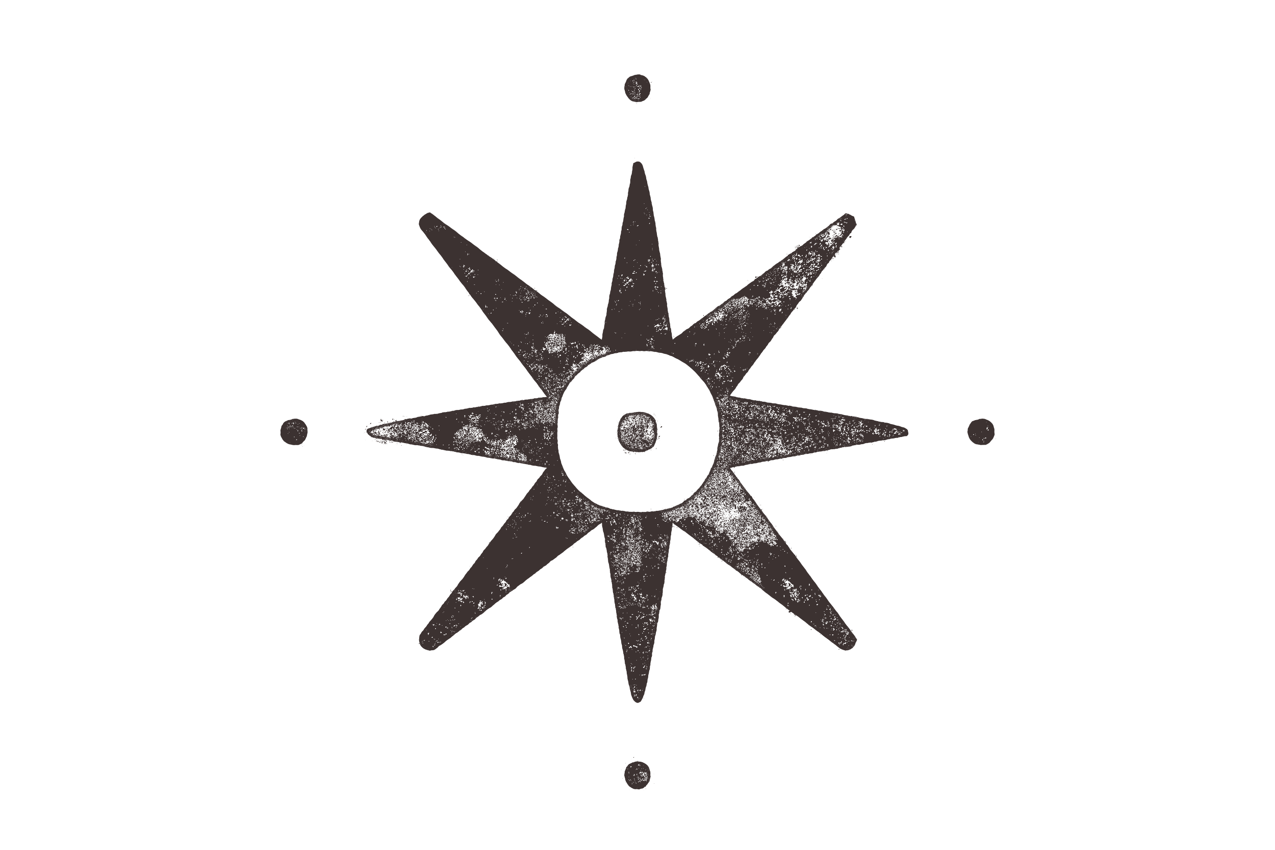 Illustration of a compass rose with a star shape, displaying cardinal directions, on a black background.