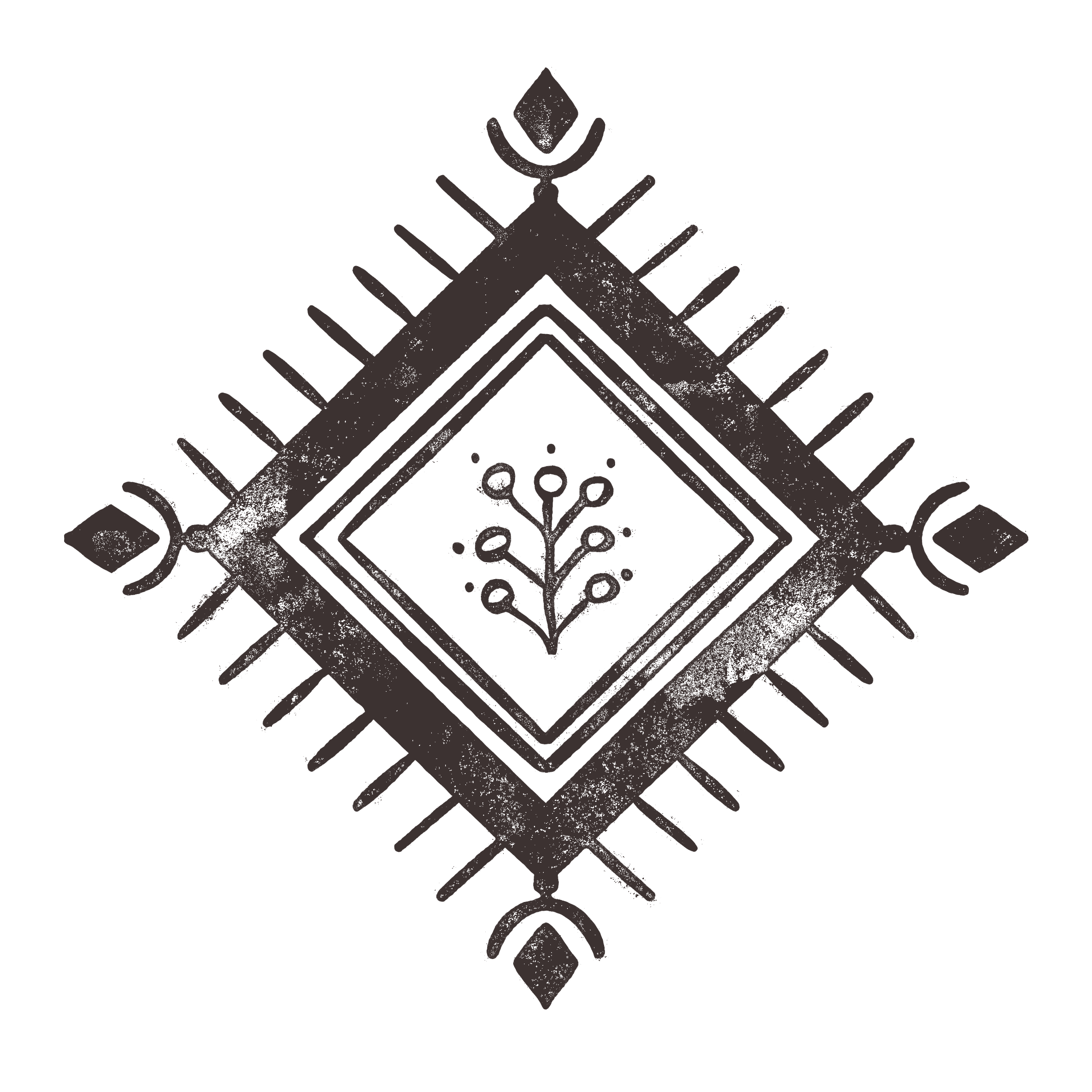 A black and white intricate geometric tattoo design featuring a central diamond shape, stylized floral elements, and symmetrical patterns.