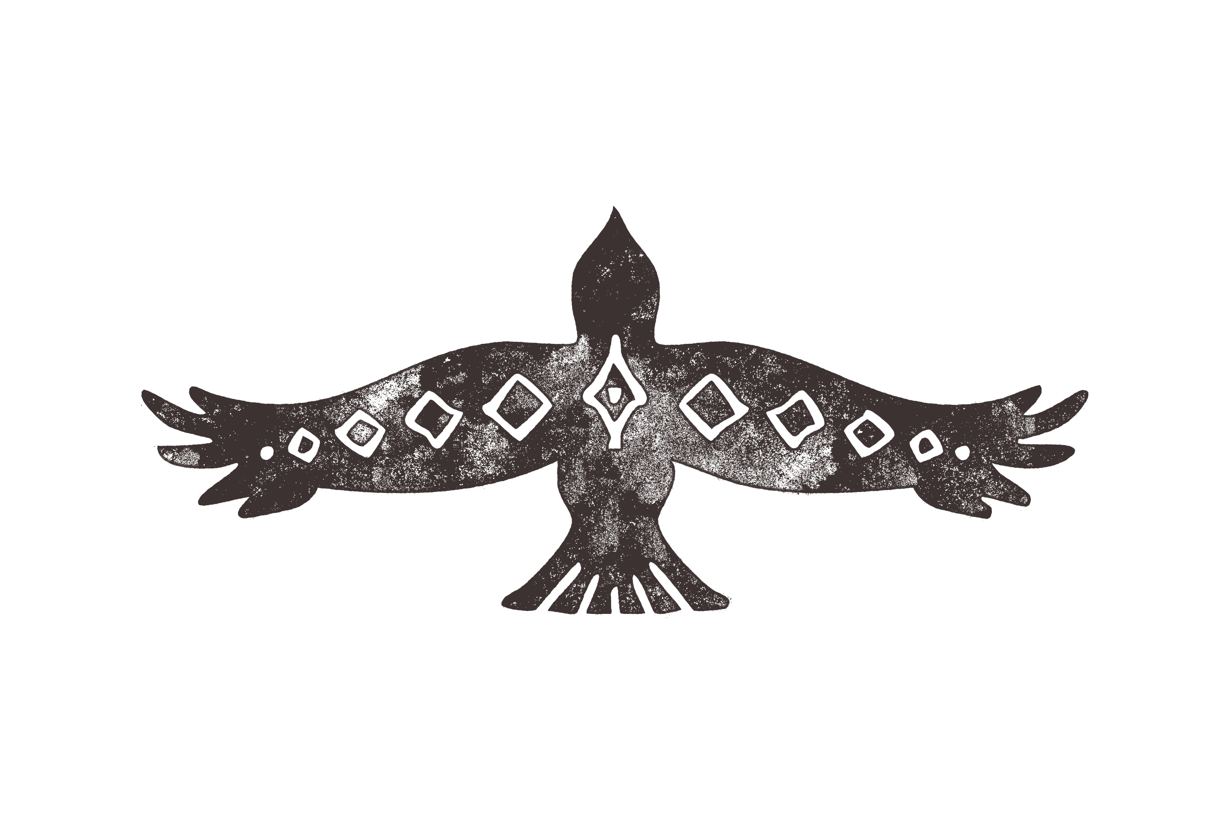 Drawing of a stylized eagle with spread wings, facing forward.