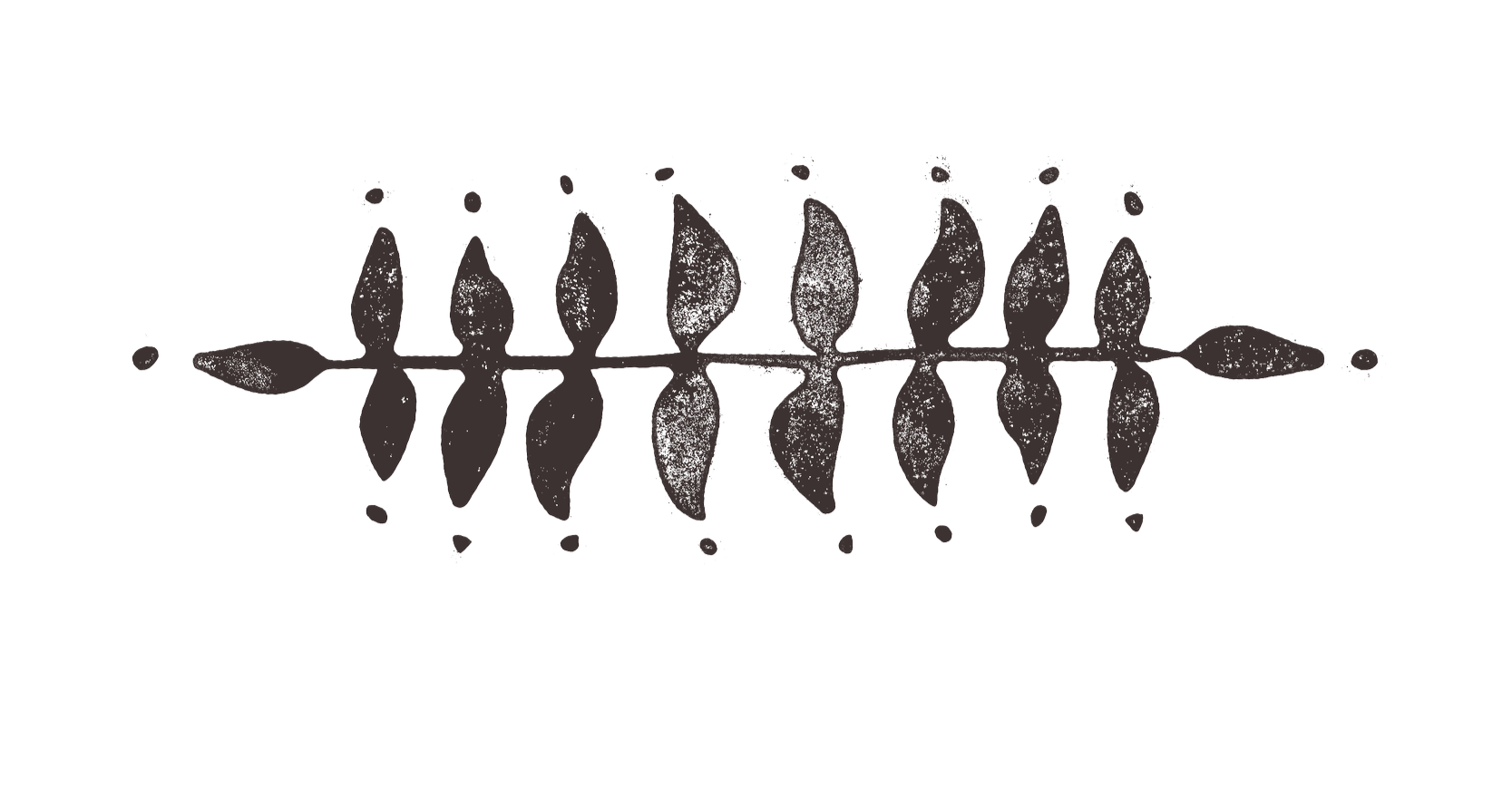 Decorative black and white floral design with symmetrical leaf and petal motifs arranged horizontally.