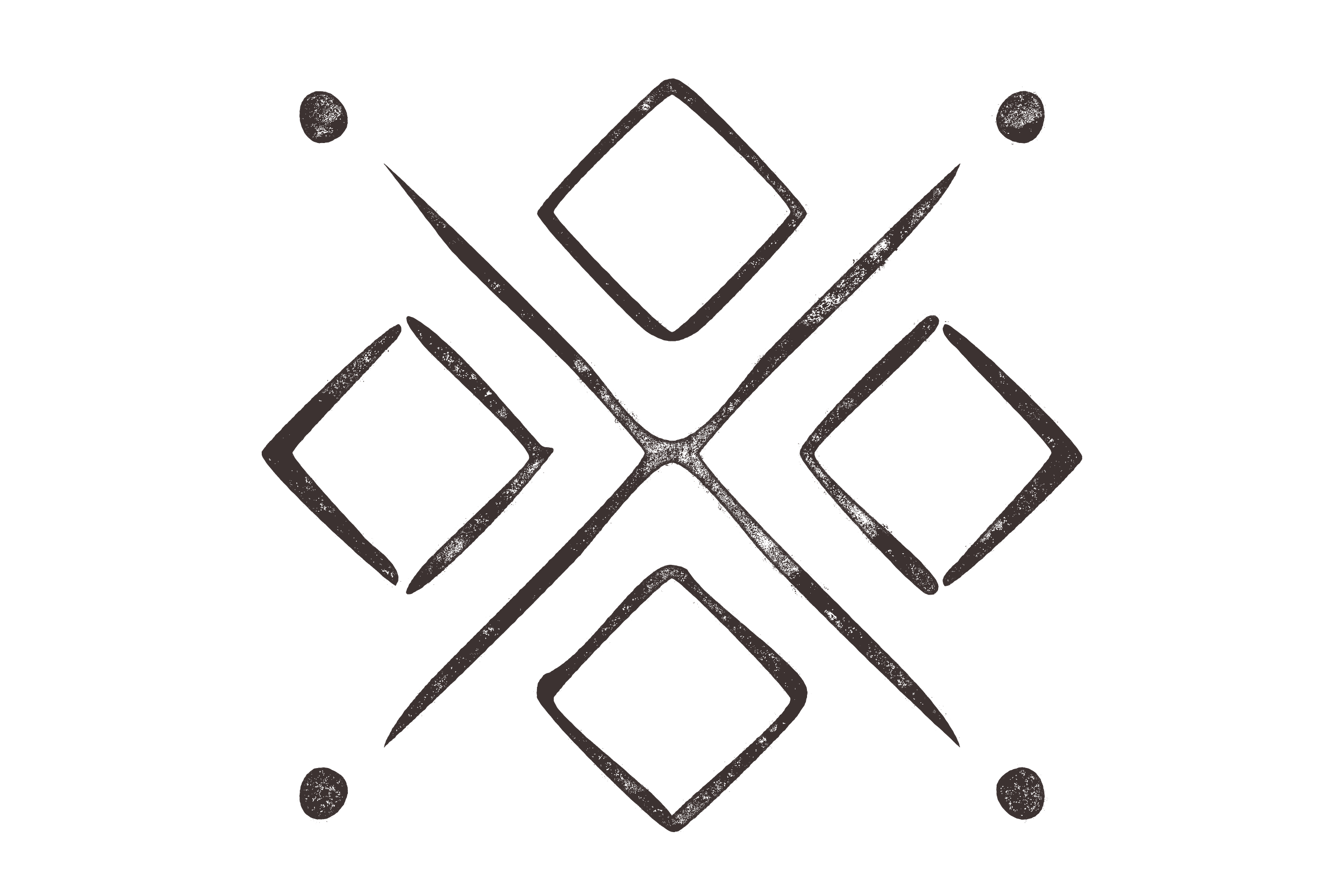 Stylized geometric logo with diamond shapes and dots on a black background.