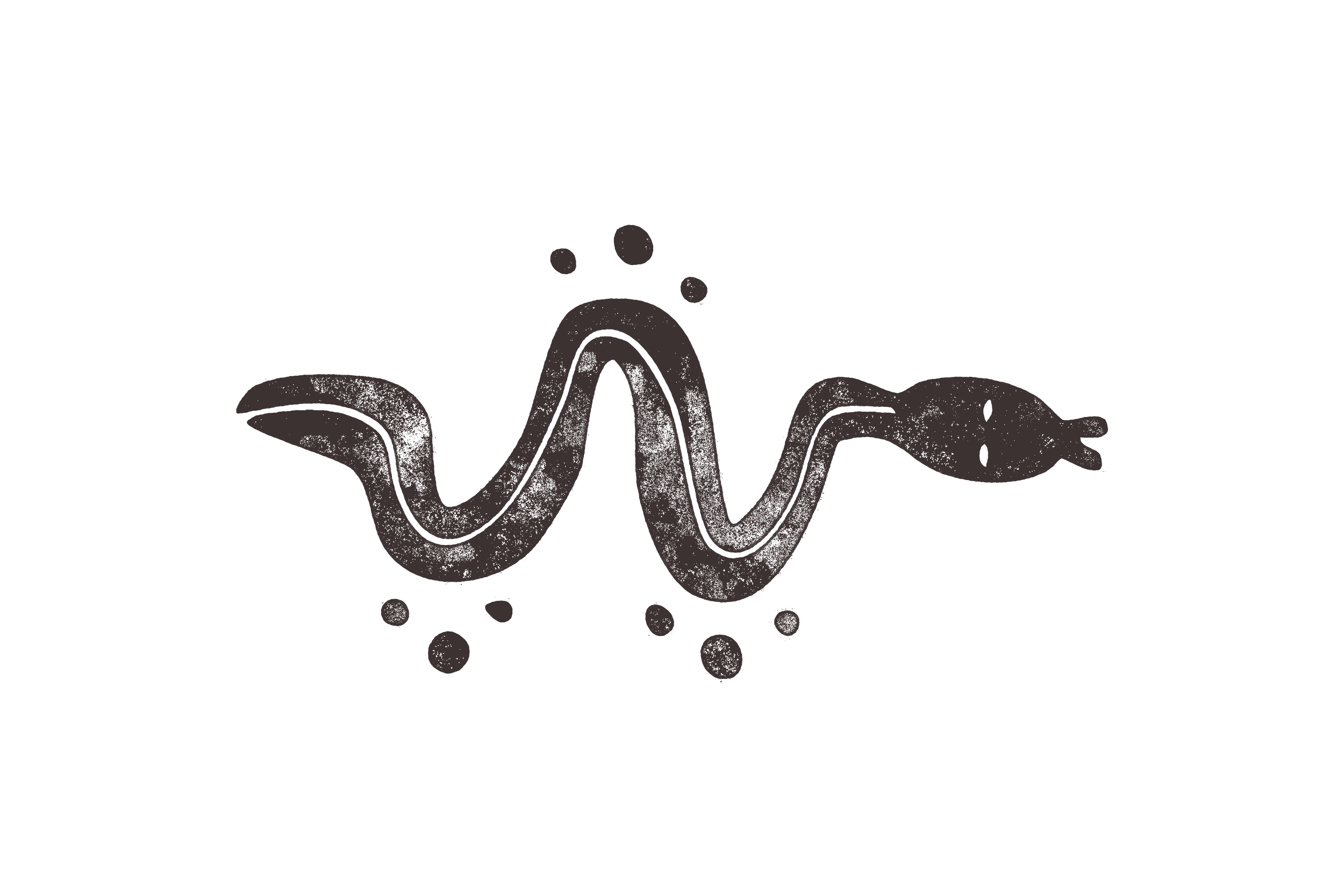 Drawing of a snake with a simplified, cartoonish shape, featuring an open mouth and a forked tongue, with scattered dots around it.