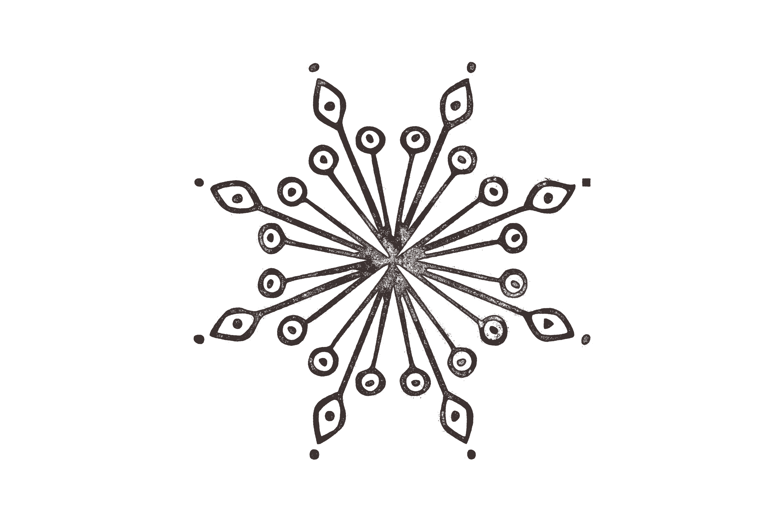 Stylized line drawing of a large, symmetrical, abstract floral or starburst design with circular and leaf-like shapes, set against a black background.