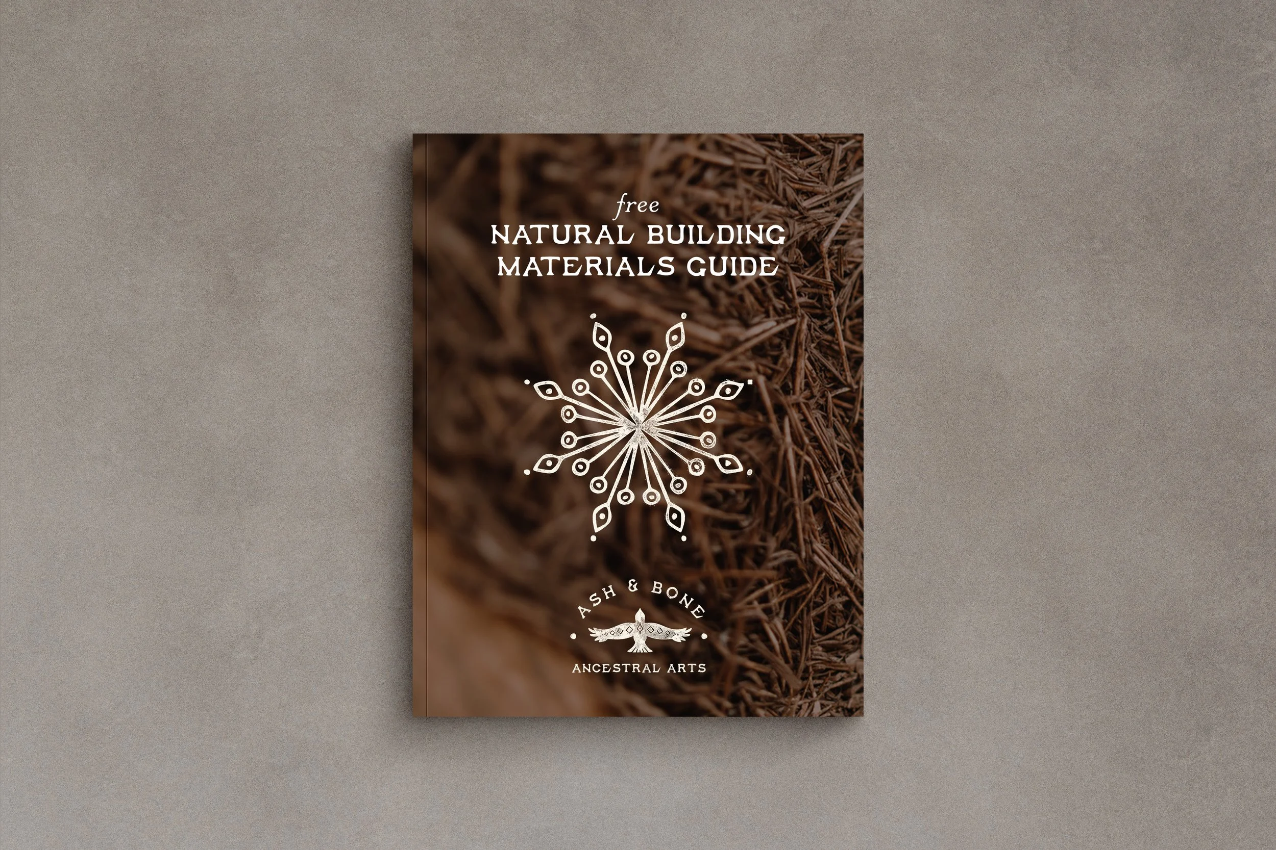 A digital flyer for a free natural building materials guide, featuring a background of shredded wood or bark and a white mandala design, with text about ancestral arts.