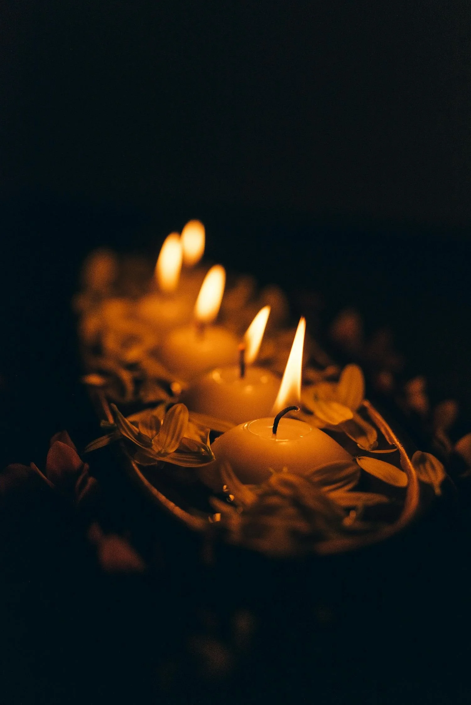 Multiple lit candles surrounded by flower petals on a dark background.