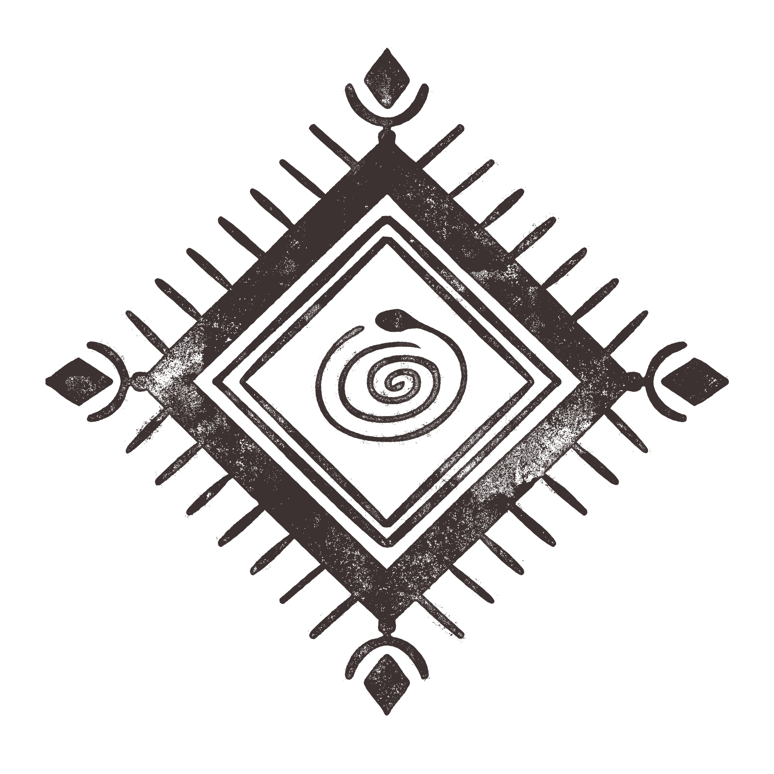 Decorative black ink drawing featuring geometric patterns, spirals, lines, and shapes arranged symmetrically.