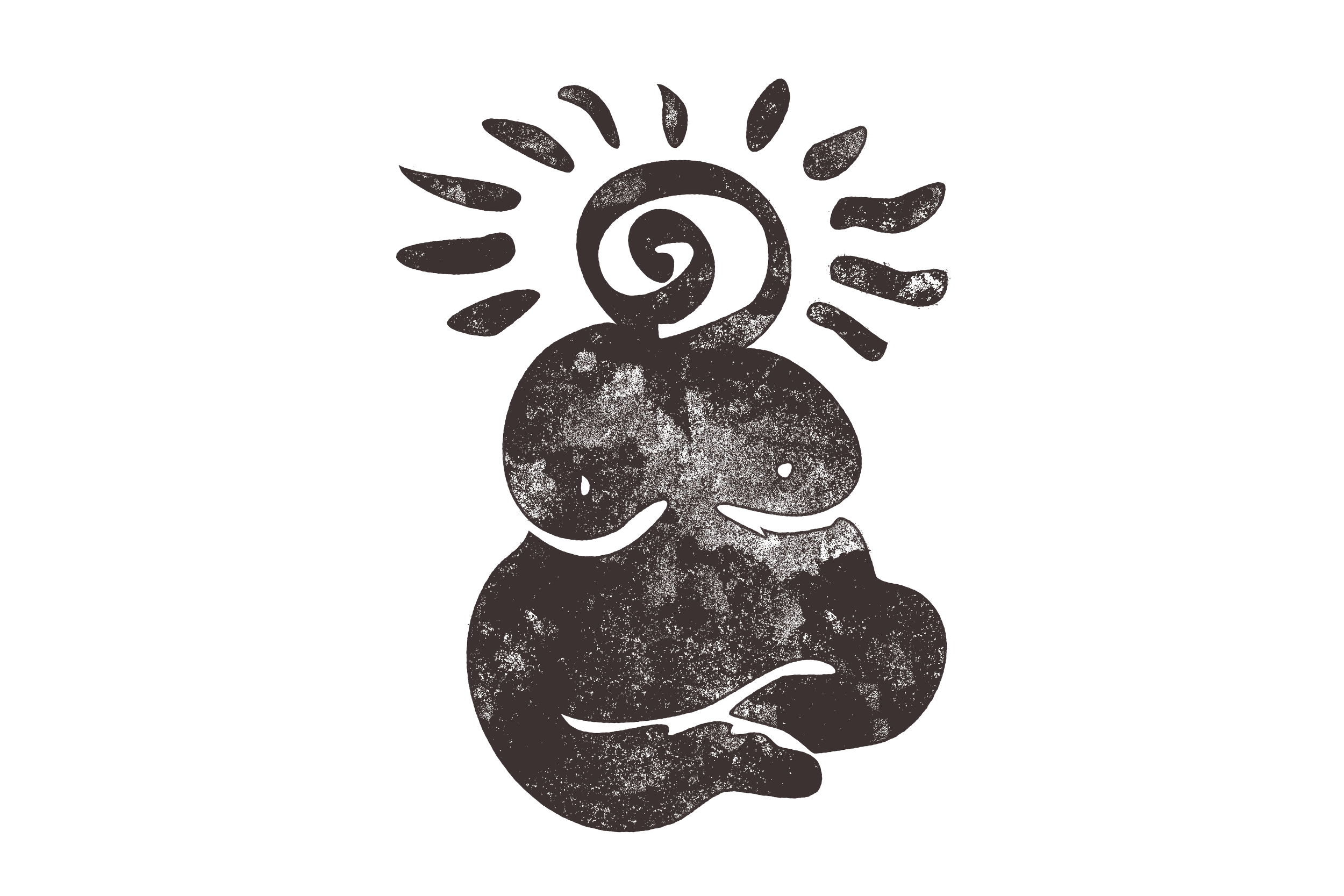 A chalk drawing on a black background depicts a stylized figure with a spiral head, outstretched arms with radiating lines, and a rounded body with short legs.