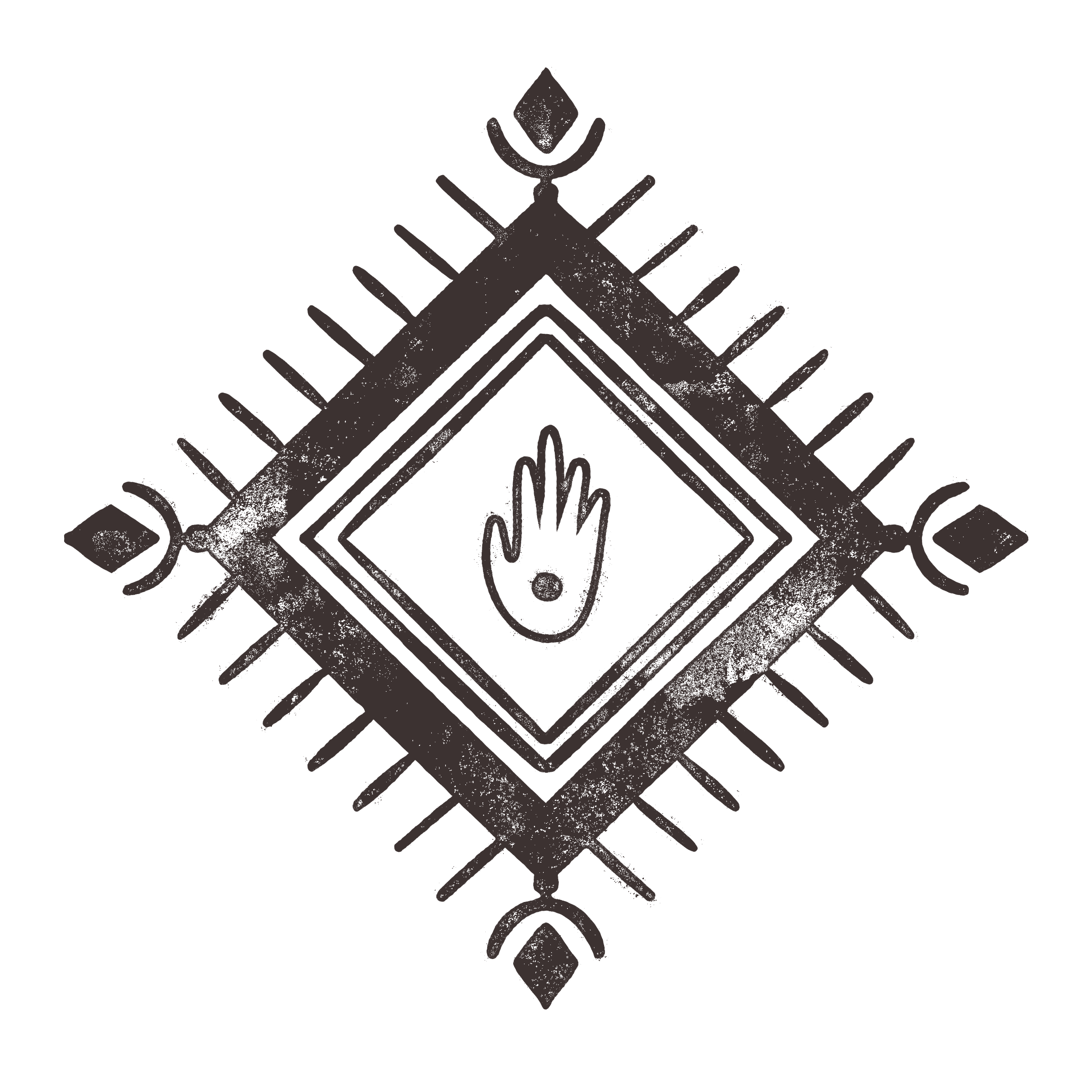 Decorative black and white line drawing featuring geometric patterns, a humanoid figure, and symbolic shapes.