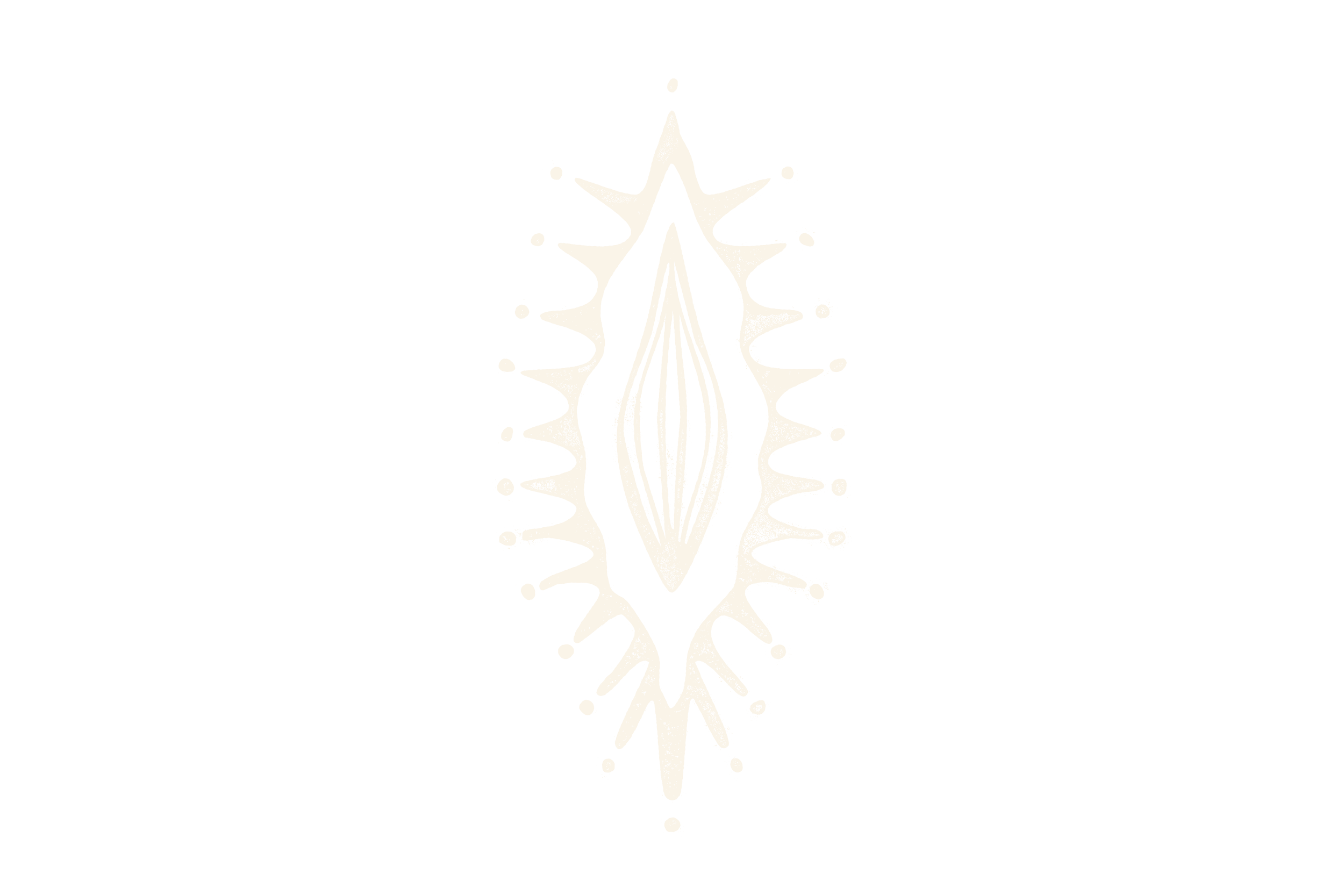 A detailed black and white symmetrical design resembling a stylized leaf or feather with botanical motifs.
