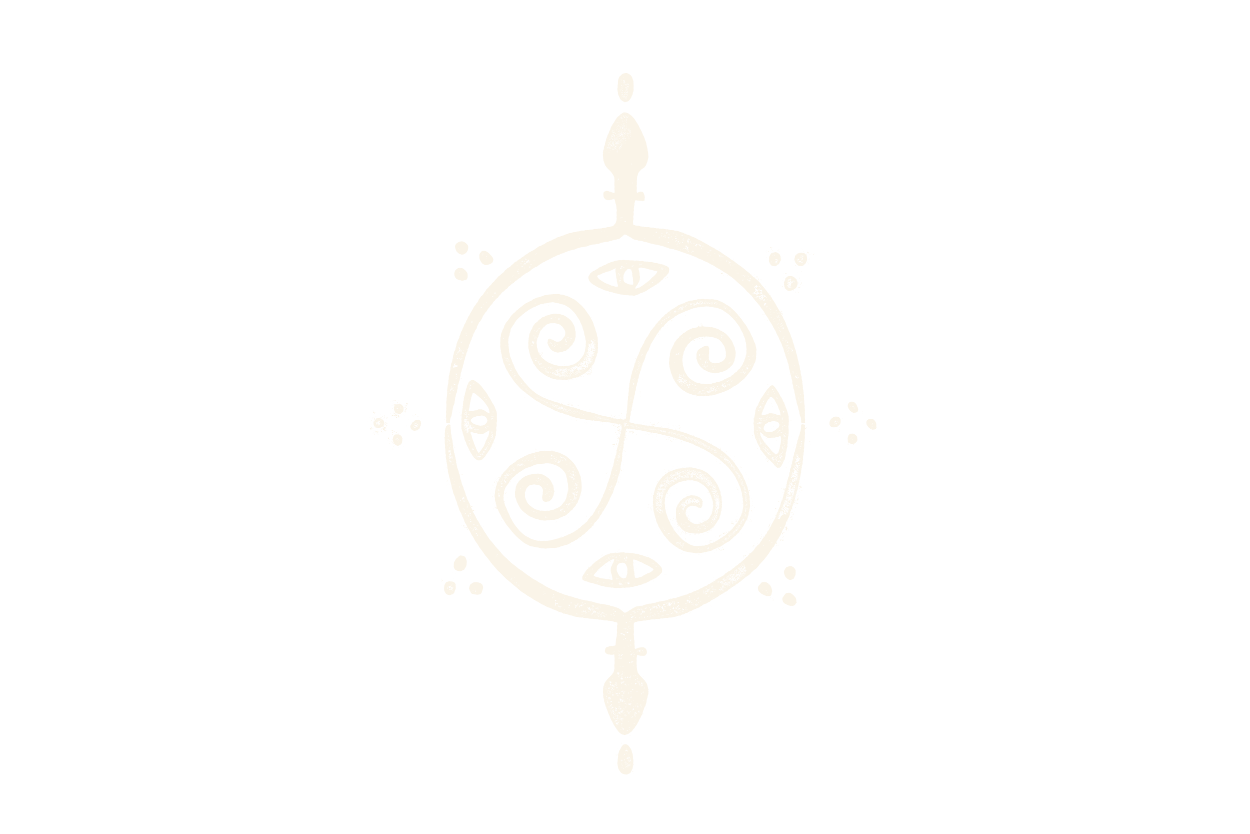 A white ornate tribal-style design on a black background, featuring swirling patterns, eye shapes, diamonds, and symmetrical dots.