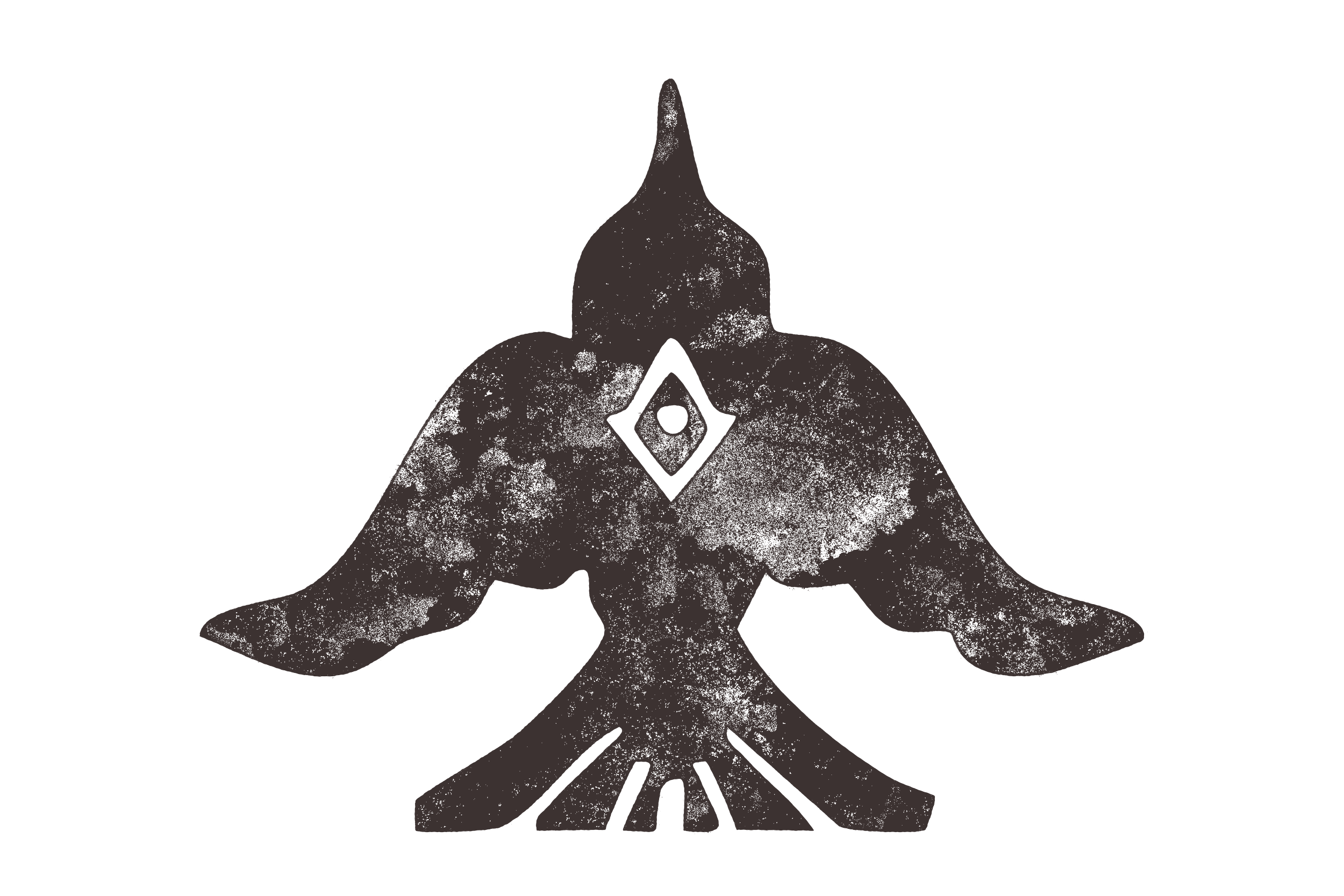 Stylized illustration of a bird with outstretched wings, a pointed crest on its head, and a diamond-shaped emblem on its chest, featuring areas of distressed texture.