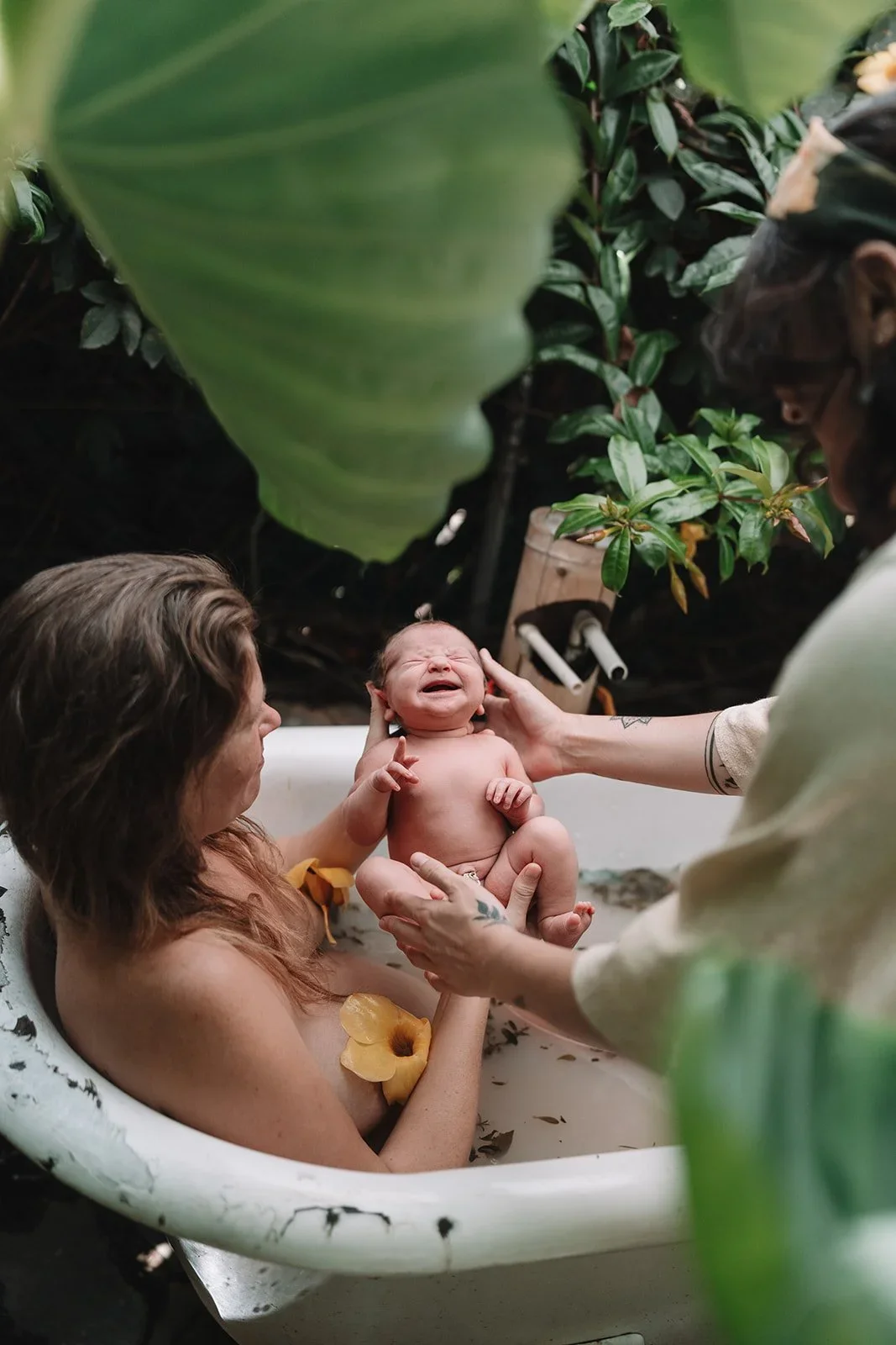 A woman in a bathtub during a water birth, crying, with a partner supporting her, two people are helping, surrounded by green plants.